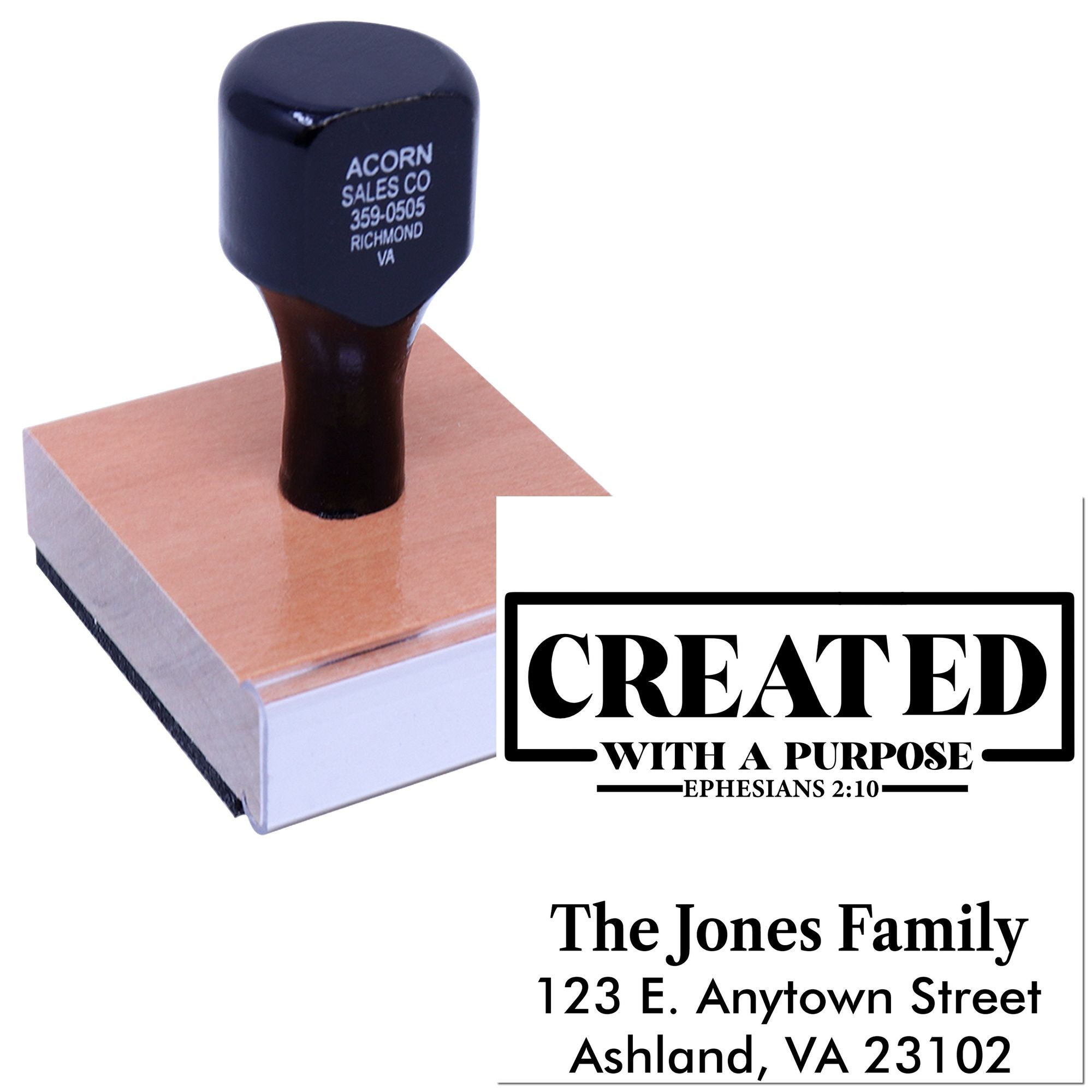 Custom rubber address stamp with Christian Created with a Purpose design, Bible verse, family name, and mailing address.