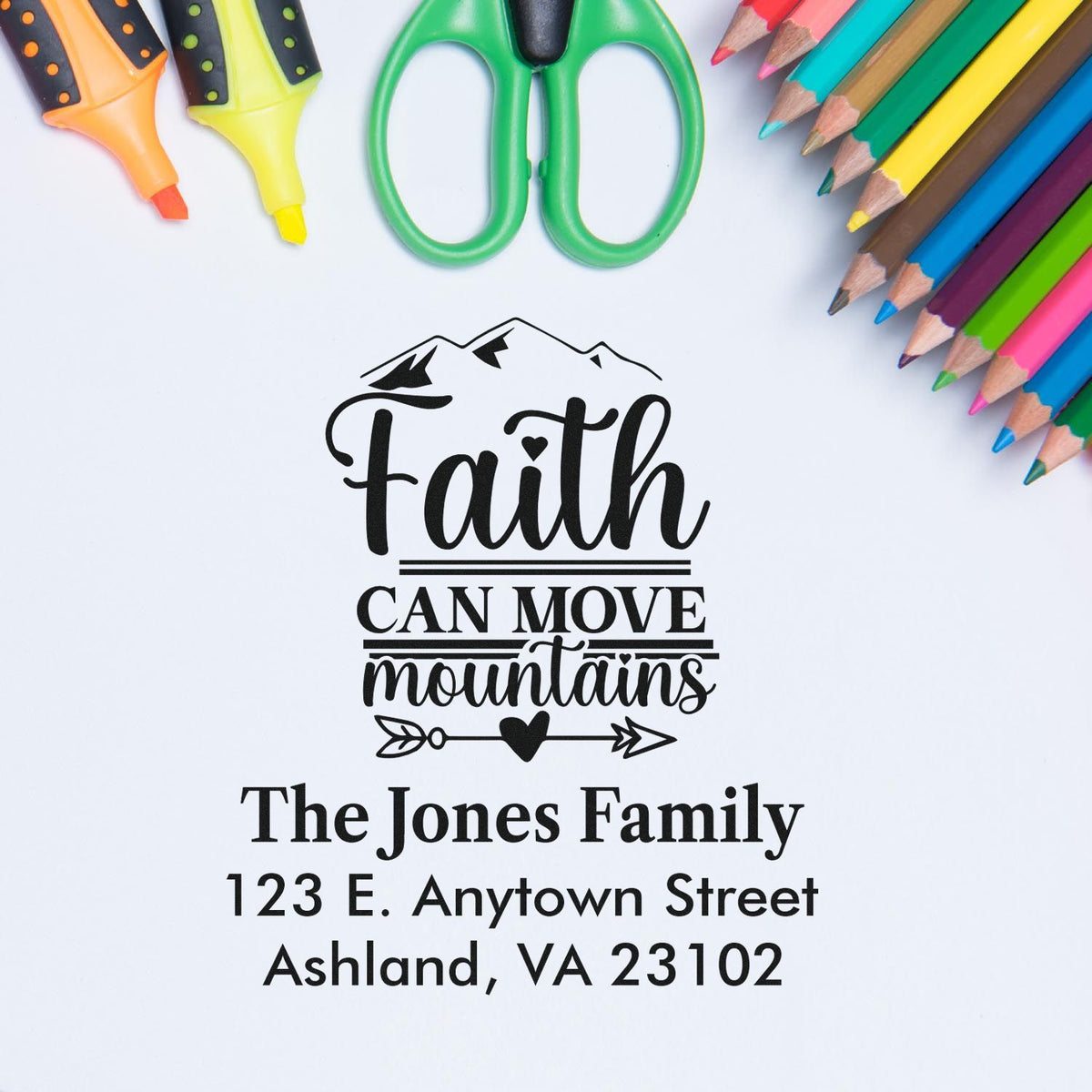 Custom return address rubber stamp with Faith Can Move Mountains design for The Jones Family, Ashland, VA 23102.
