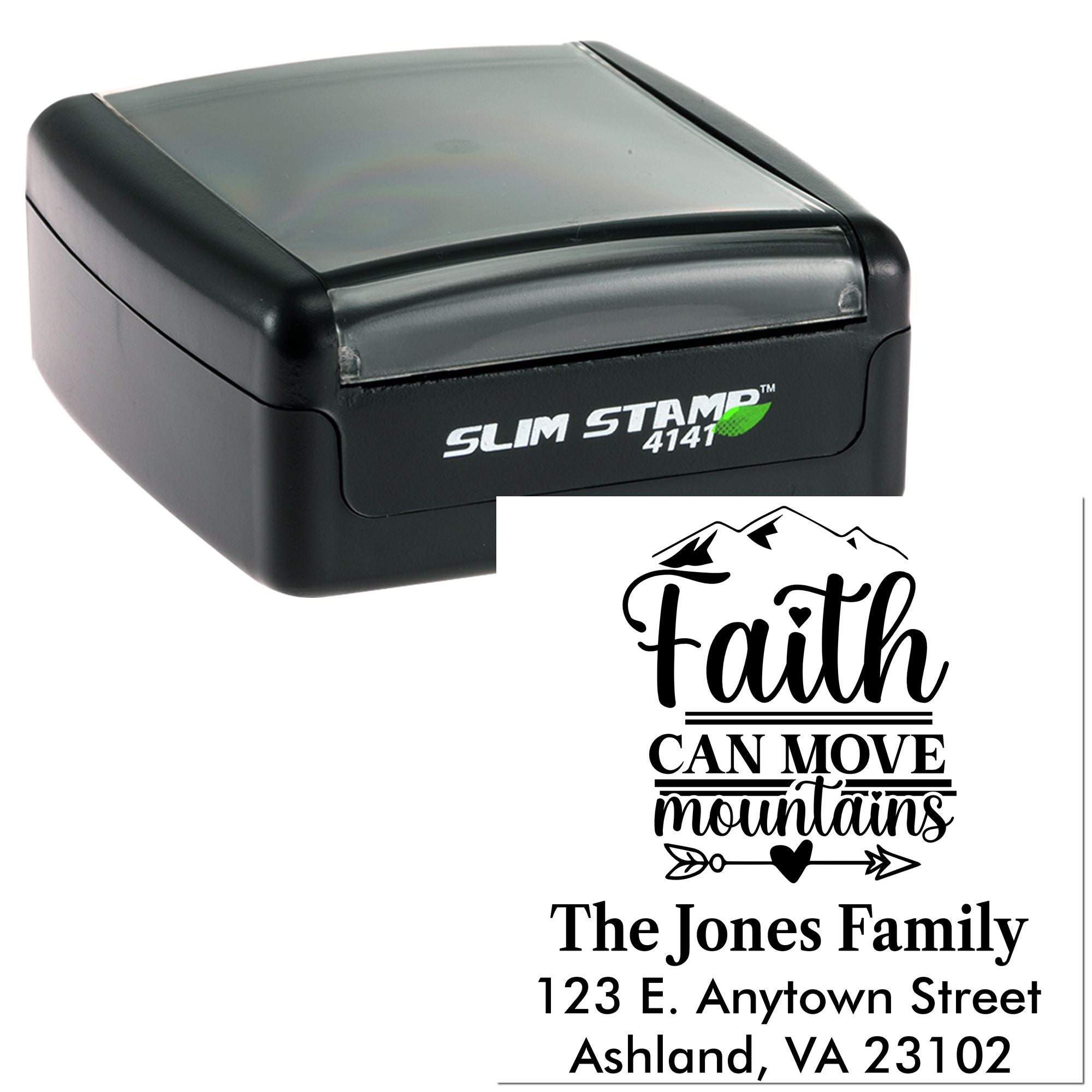 Custom self-inking return address rubber stamp with Faith Can Move Mountains design, Jones Family name and address.