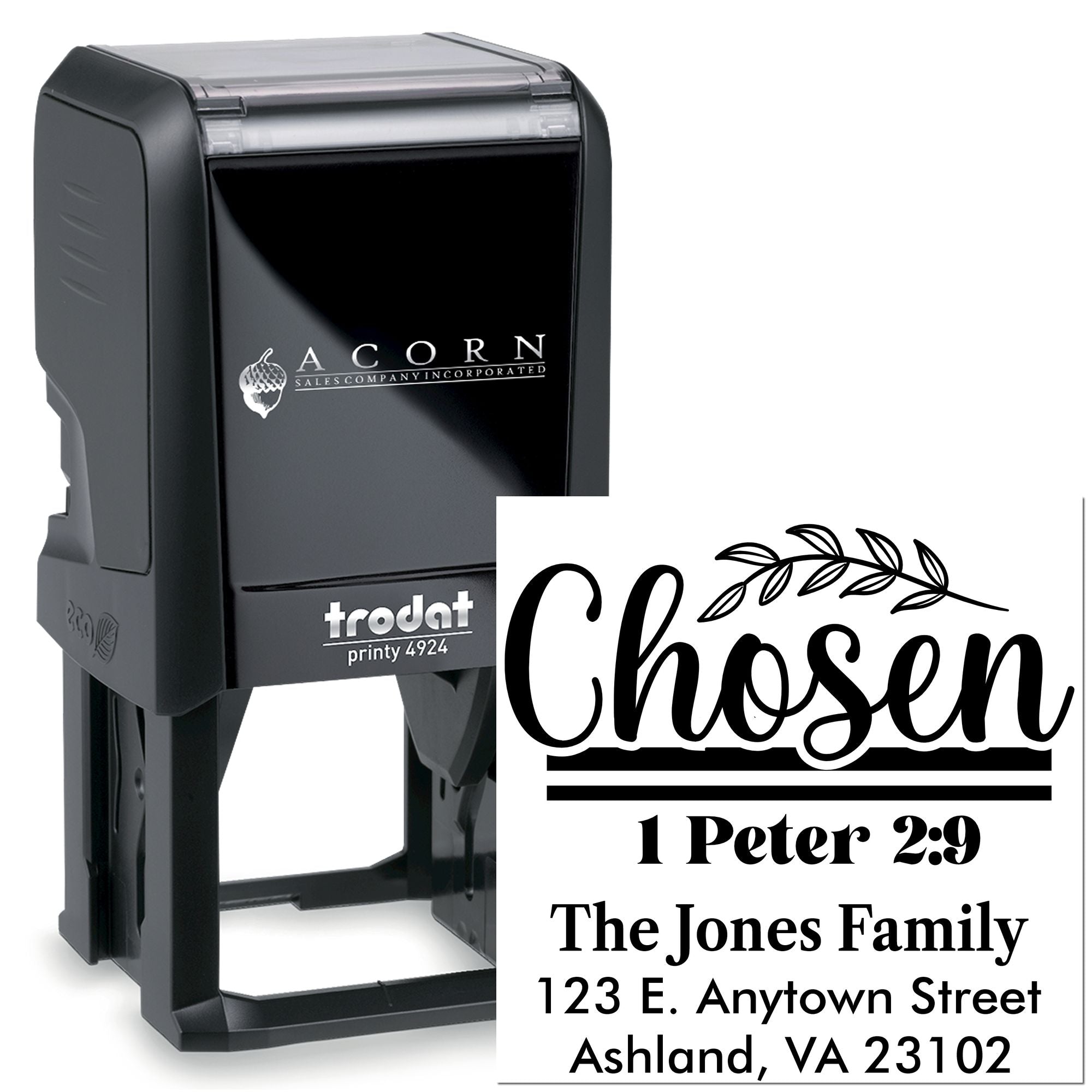 Trodat Printy custom self-inking rubber stamp with Bible verse Chosen and return address for personalized family mail.