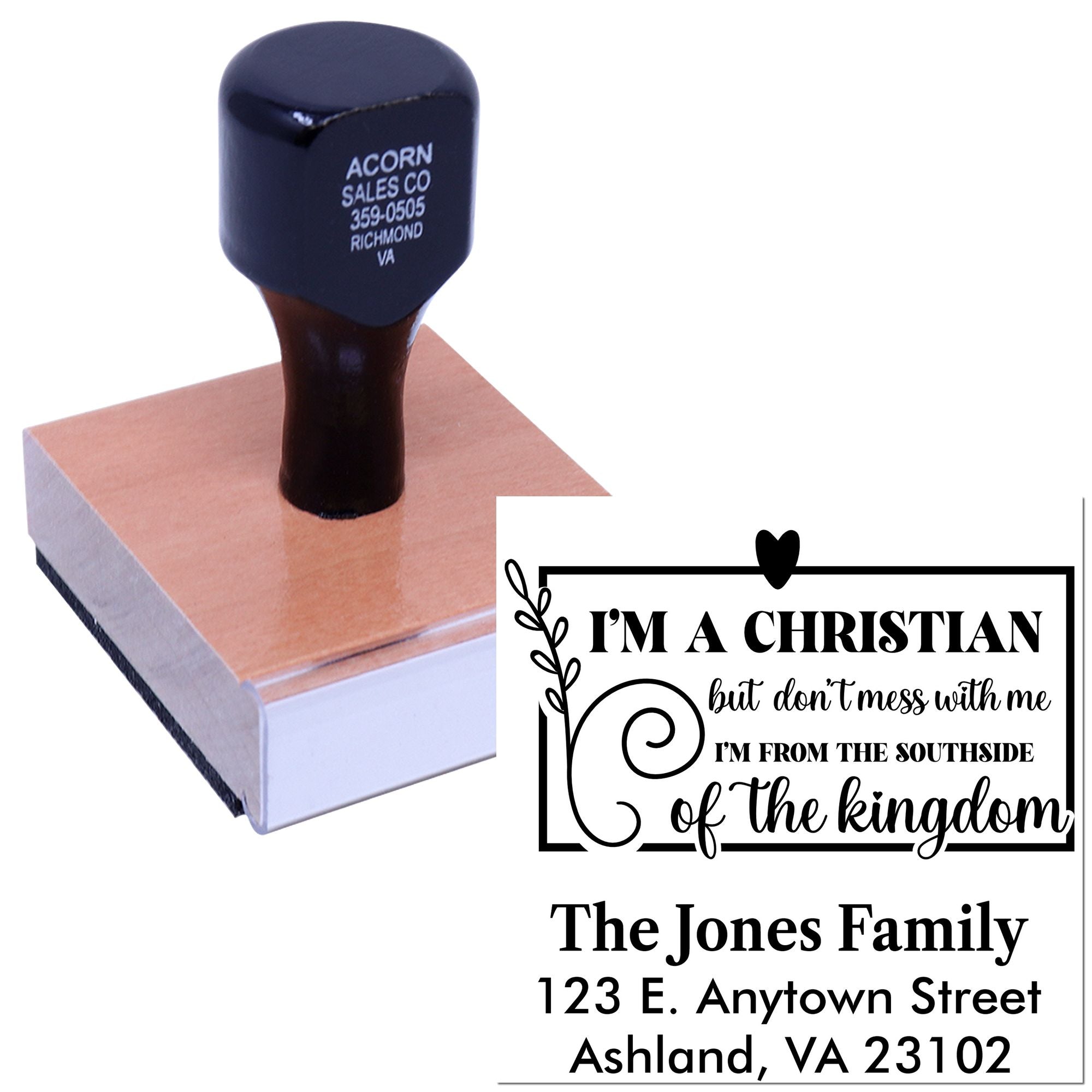 Custom Christian return address rubber stamp with family name and address for personalized envelopes and church mail.