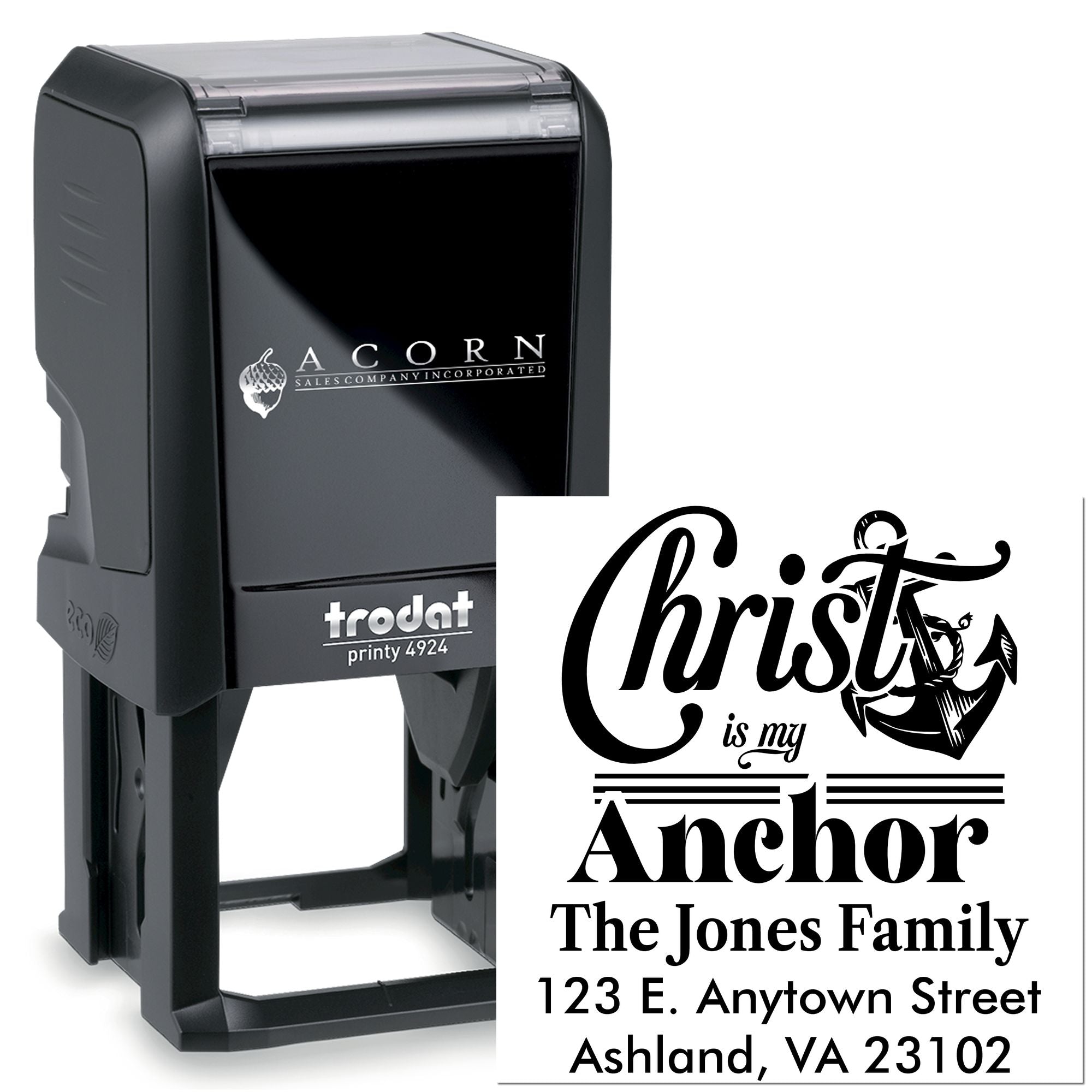 Custom self-inking rubber stamp with Christ is my Anchor design and family address imprint for personalized mail.