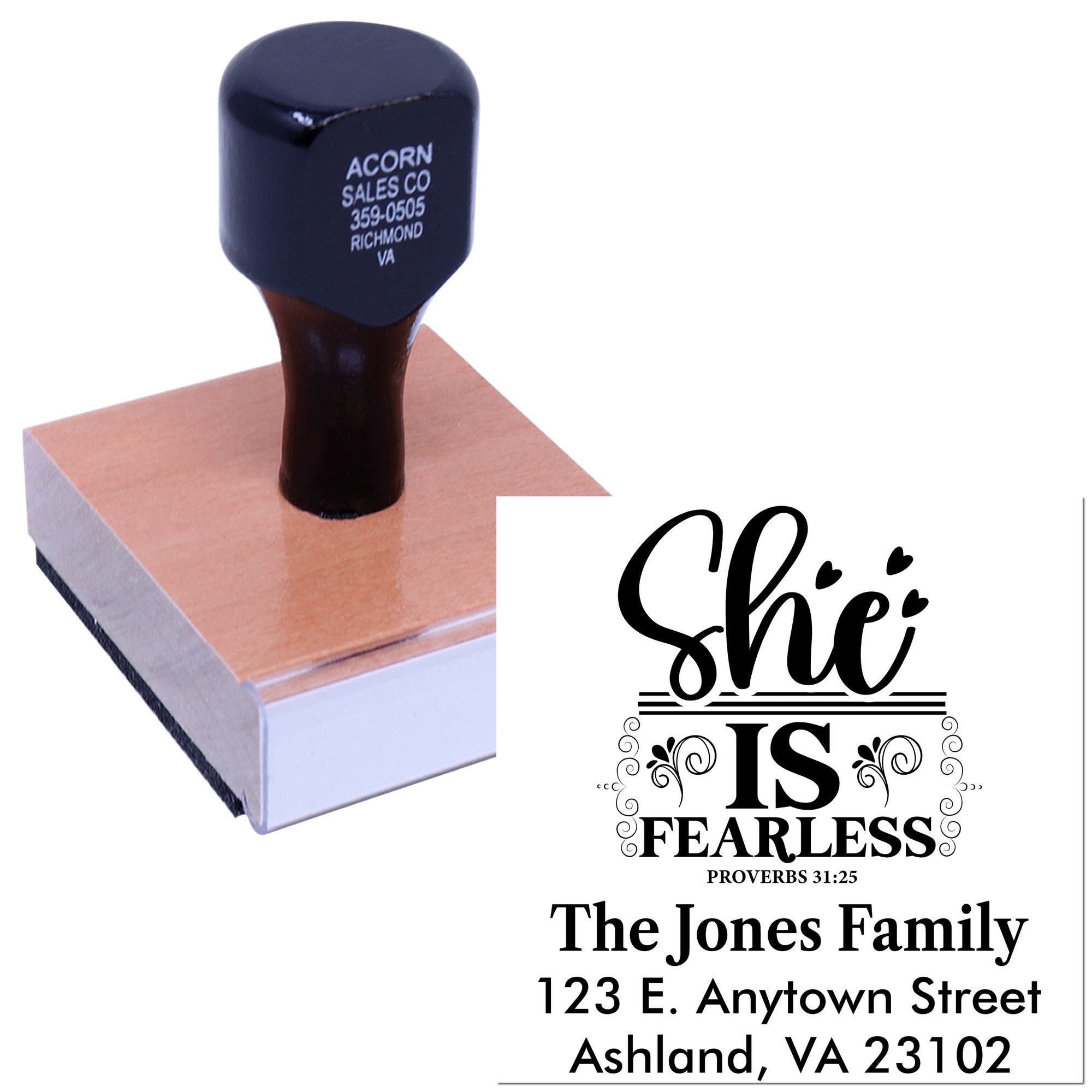 Custom rubber stamp for personalized address labeling, featuring She is Fearless Proverbs 31:25 family design.