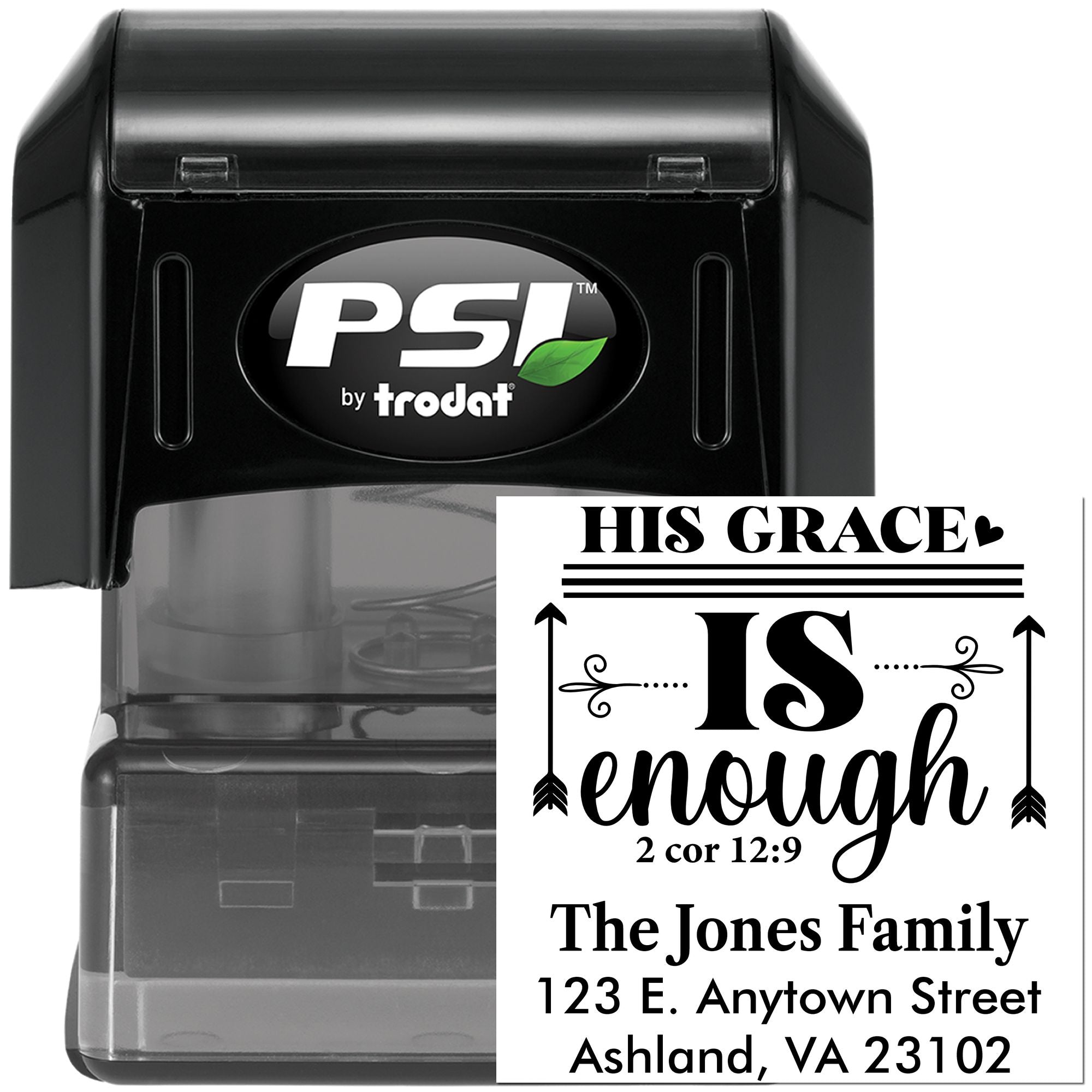 Personalized self-inking rubber stamp by PSI Trodat for a custom Christian family address imprint with His Grace Is Enough scripture.