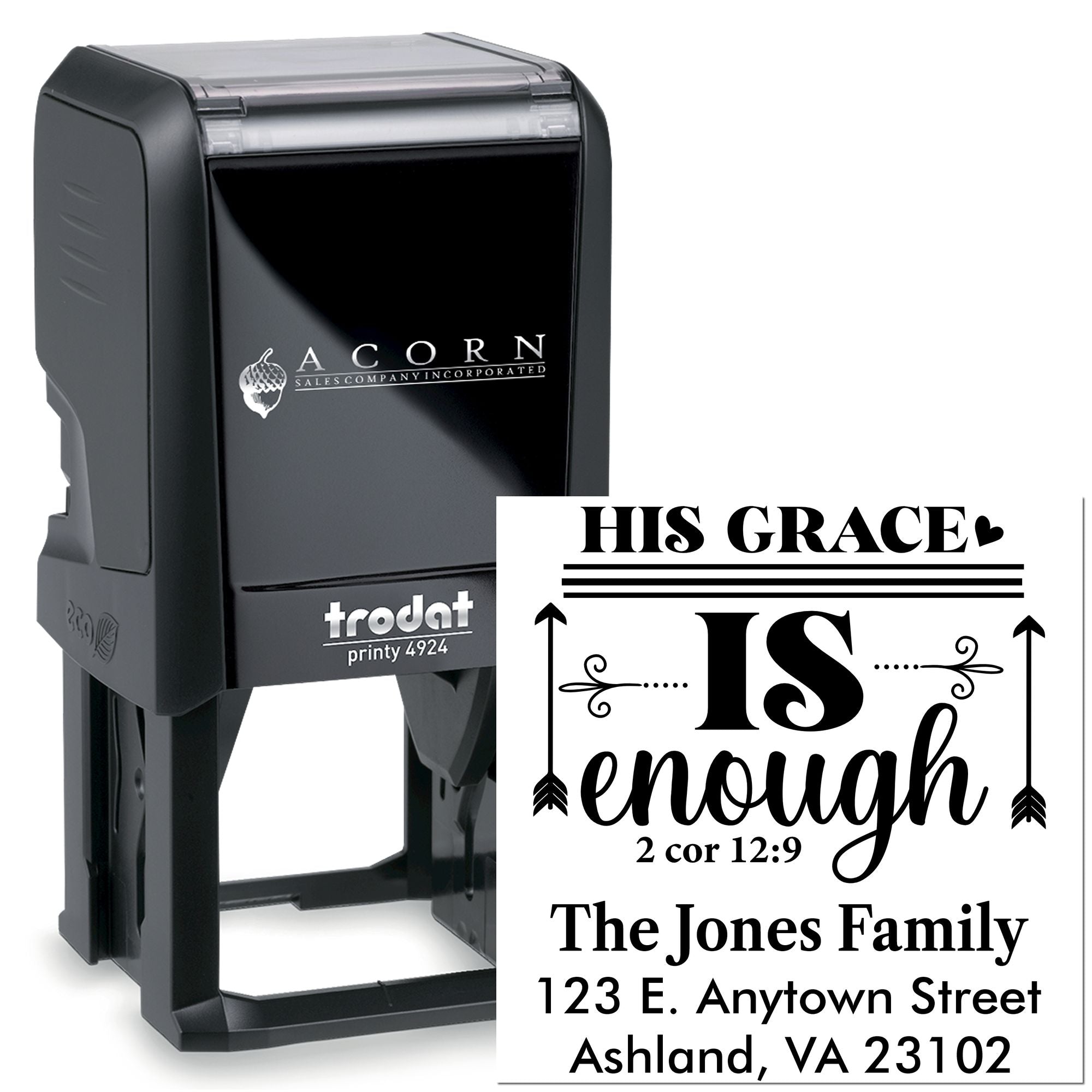 Custom self-inking rubber stamp with Christian quote His Grace Is Enough and family address imprint, Trodat Printy 4924