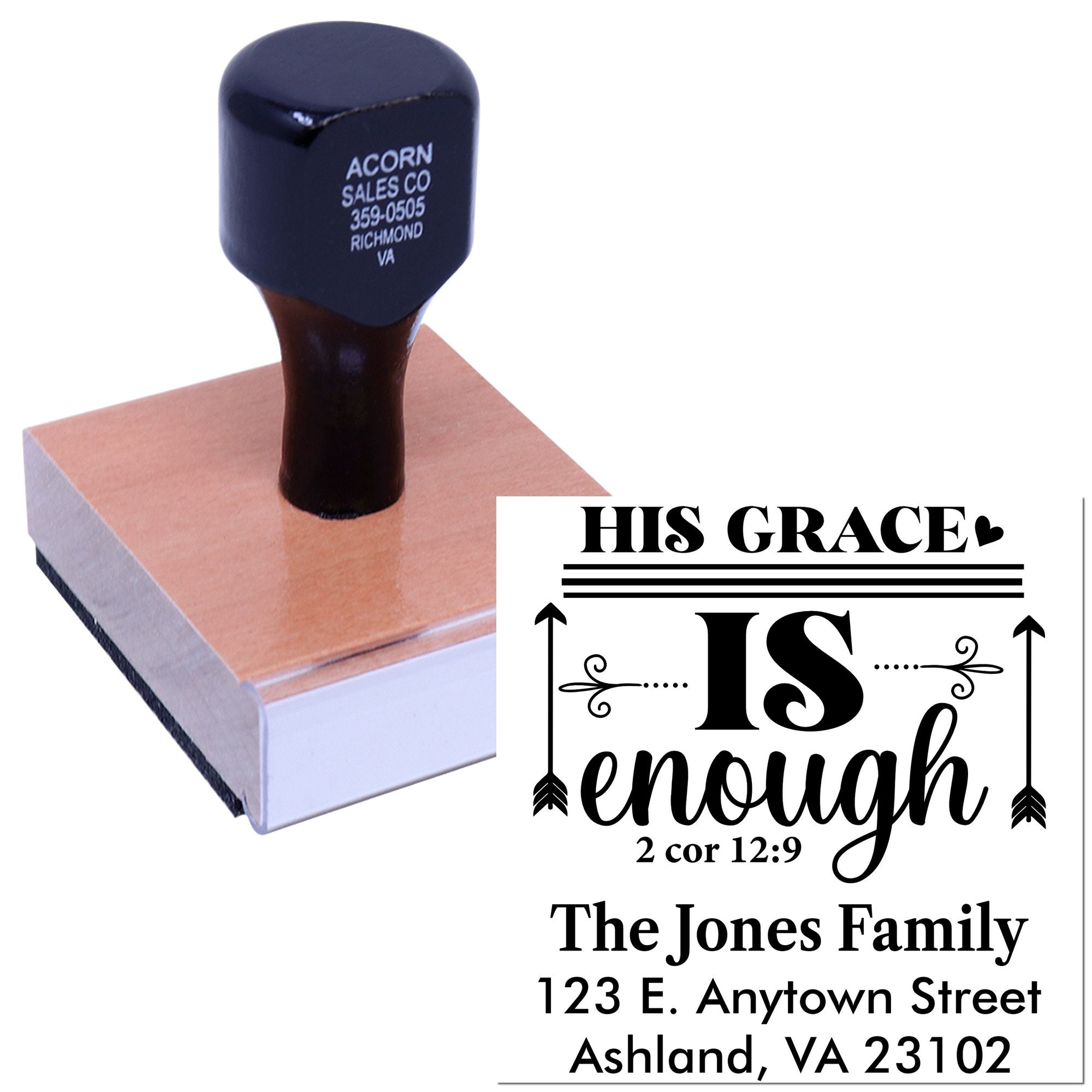 Custom rubber stamp for return address and faith quote, showing His Grace Is Enough family address design.