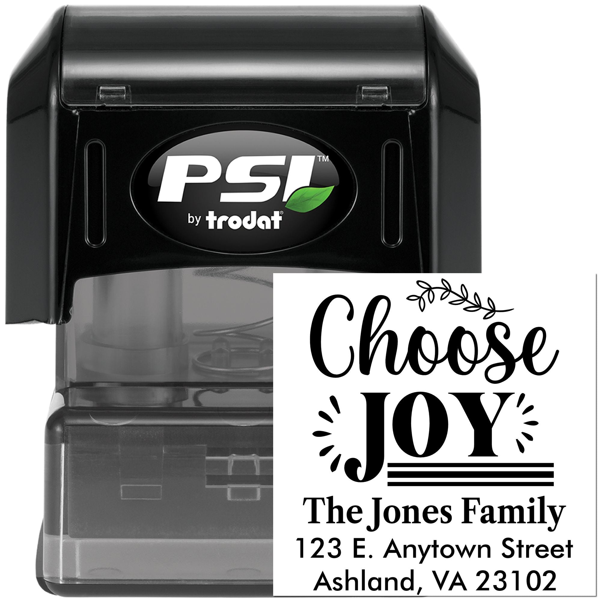 Custom self-inking return address stamp with Choose Joy family design by PSI by Trodat.