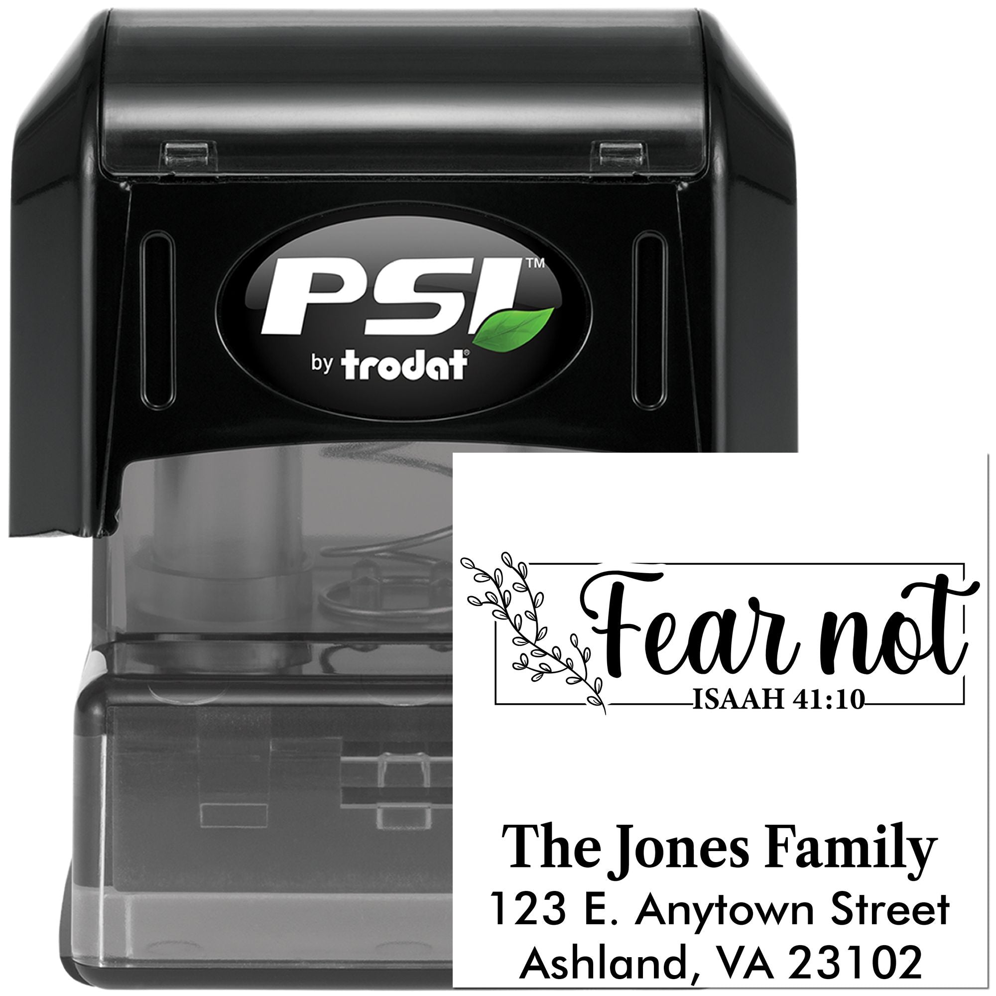 Custom self-inking address stamp with Fear not Isaiah 41:10, The Jones Family name, and return address