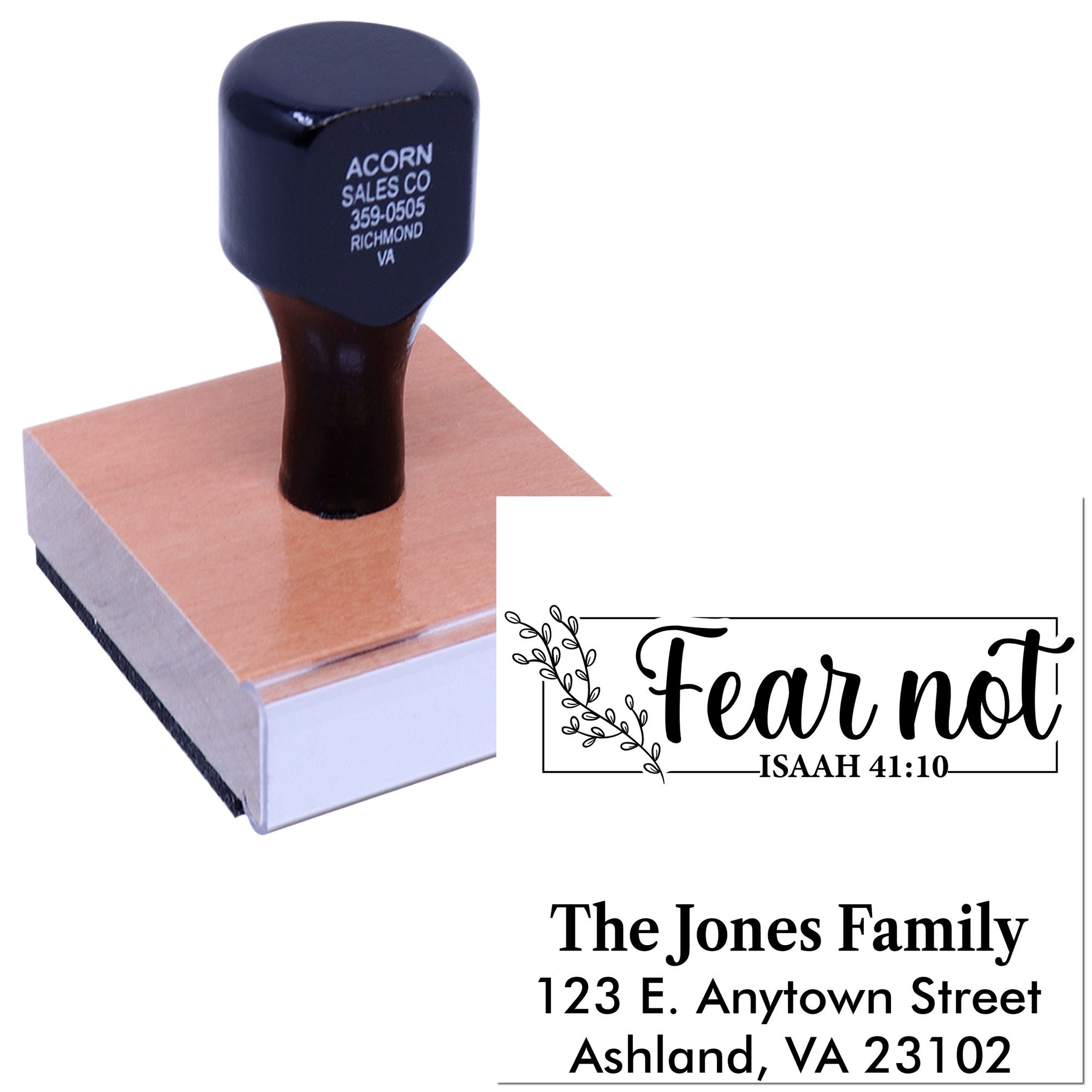 Custom rubber stamp with Isaiah 41:10 Fear not design and family return address for envelopes and cards.