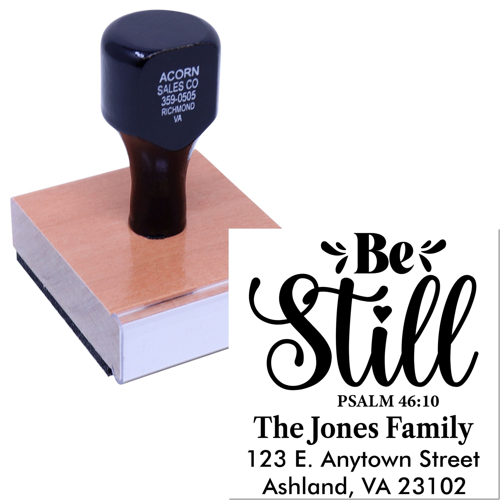 Custom rubber address stamp with Be Still, Psalm 46:10 family name and address design for Christian stationery.