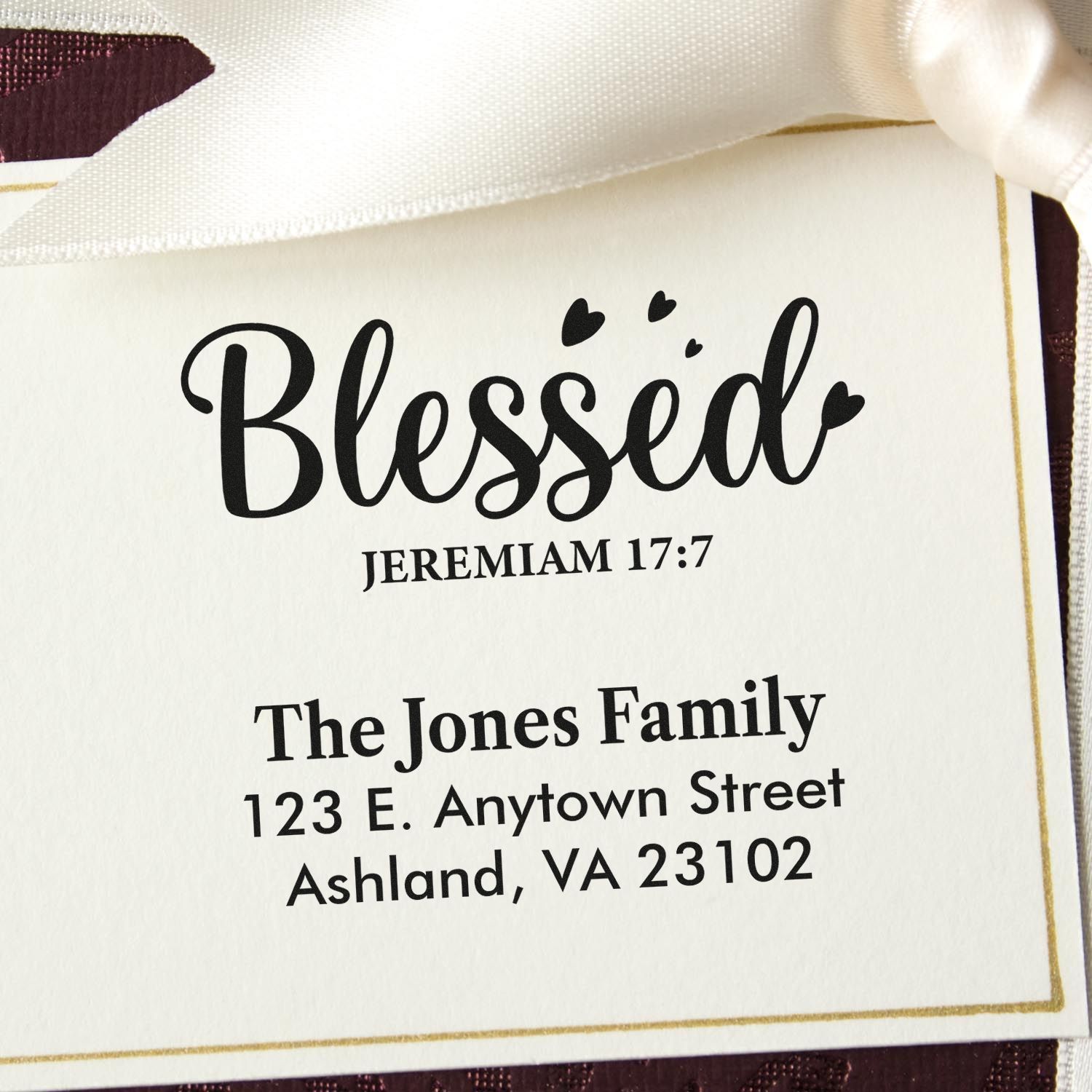 Personalized Christian return address rubber stamp reading Blessed Jeremiah 17:7 with The Jones Family address.