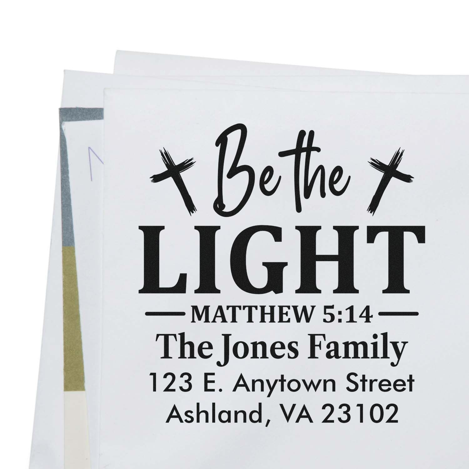 Personalized Christian return address rubber stamp with Be the Light Matthew 5:14 for The Jones Family in Ashland, VA.