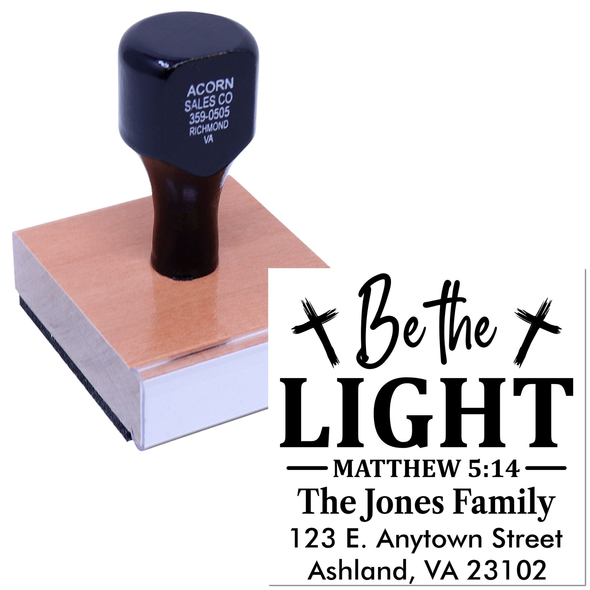 Custom Christian return address rubber stamp with Be the Light Matthew 5:14 and family address design