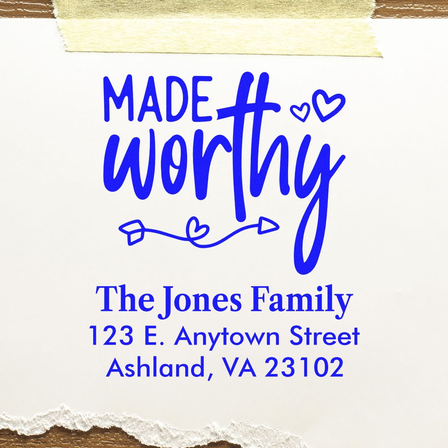 Custom family return address rubber stamp with Made Worthy design, hearts, and The Jones Family, Ashland VA address.