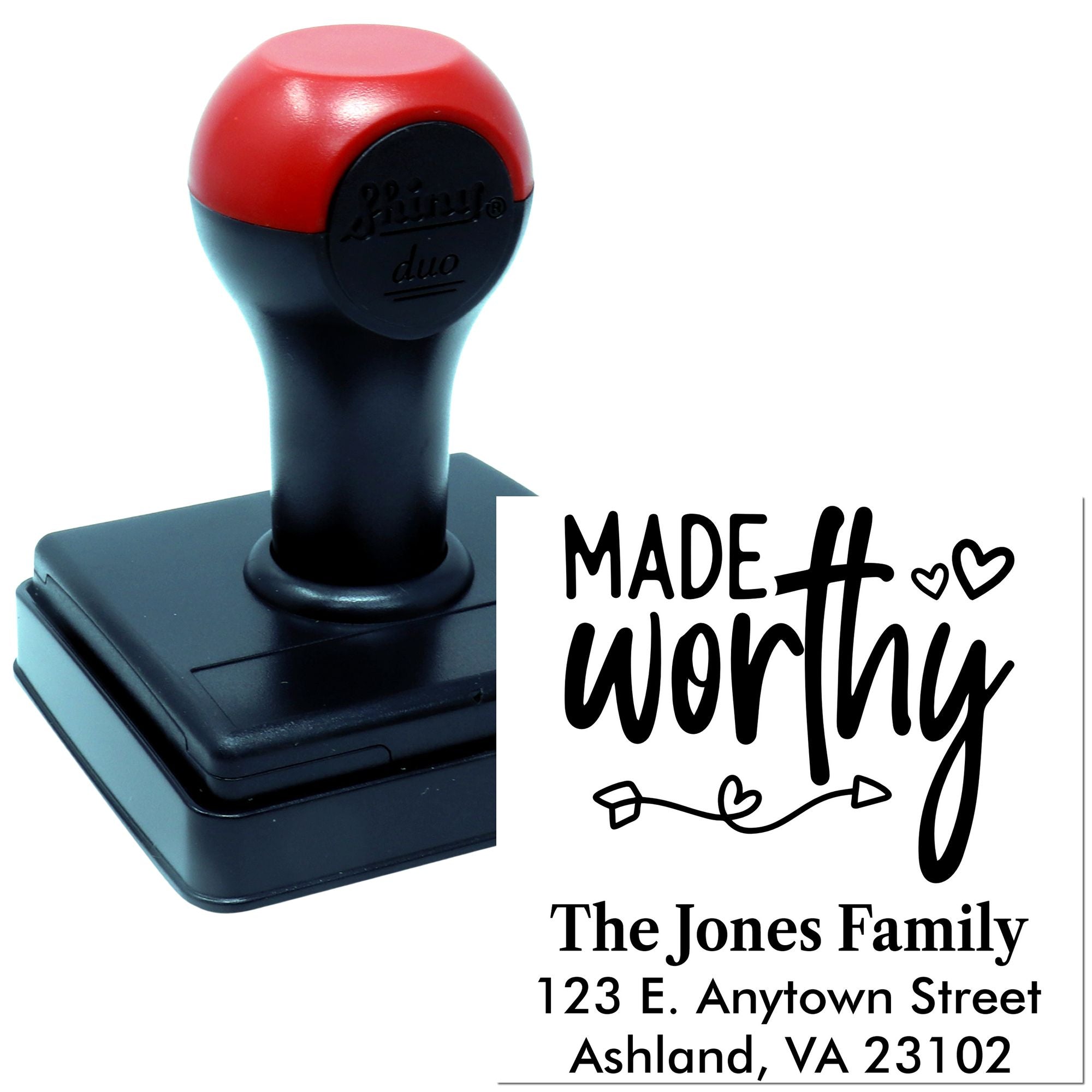 Custom self-inking rubber address stamp with Made Worthy design, perfect for personalized family mail, weddings, or gifts.