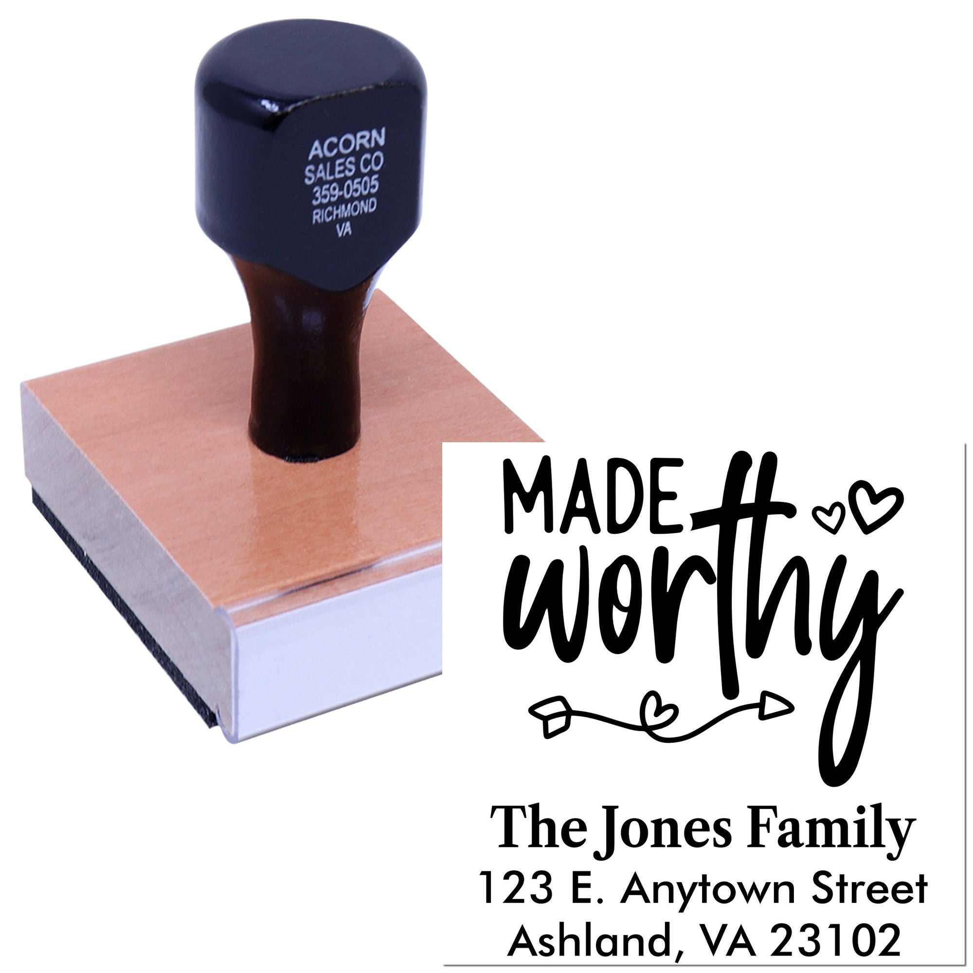 Custom rubber return address stamp with Made with love design for The Jones Family mailing labels.