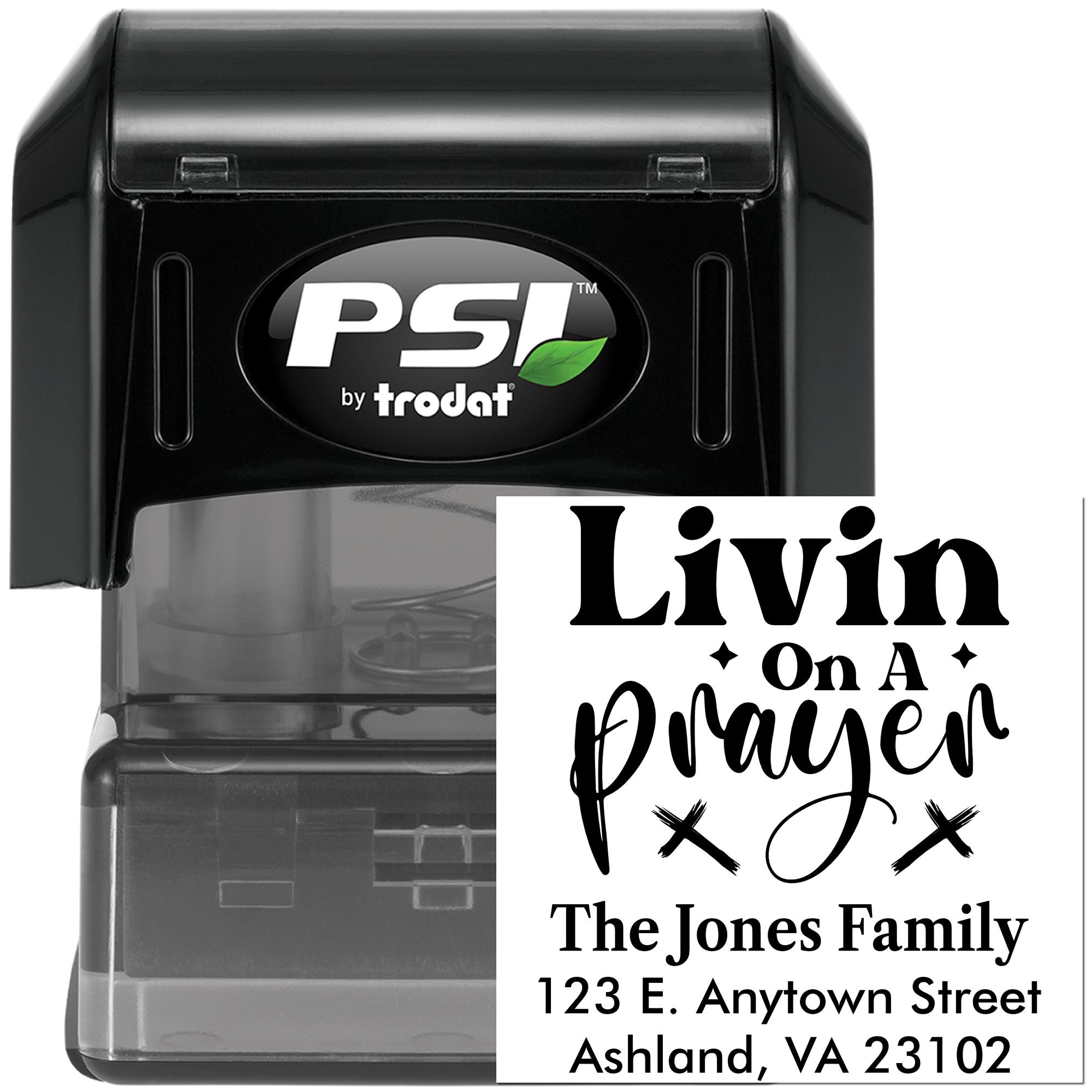 PSI by Trodat custom self-inking rubber address stamp with Livin On A Prayer return address for The Jones Family.