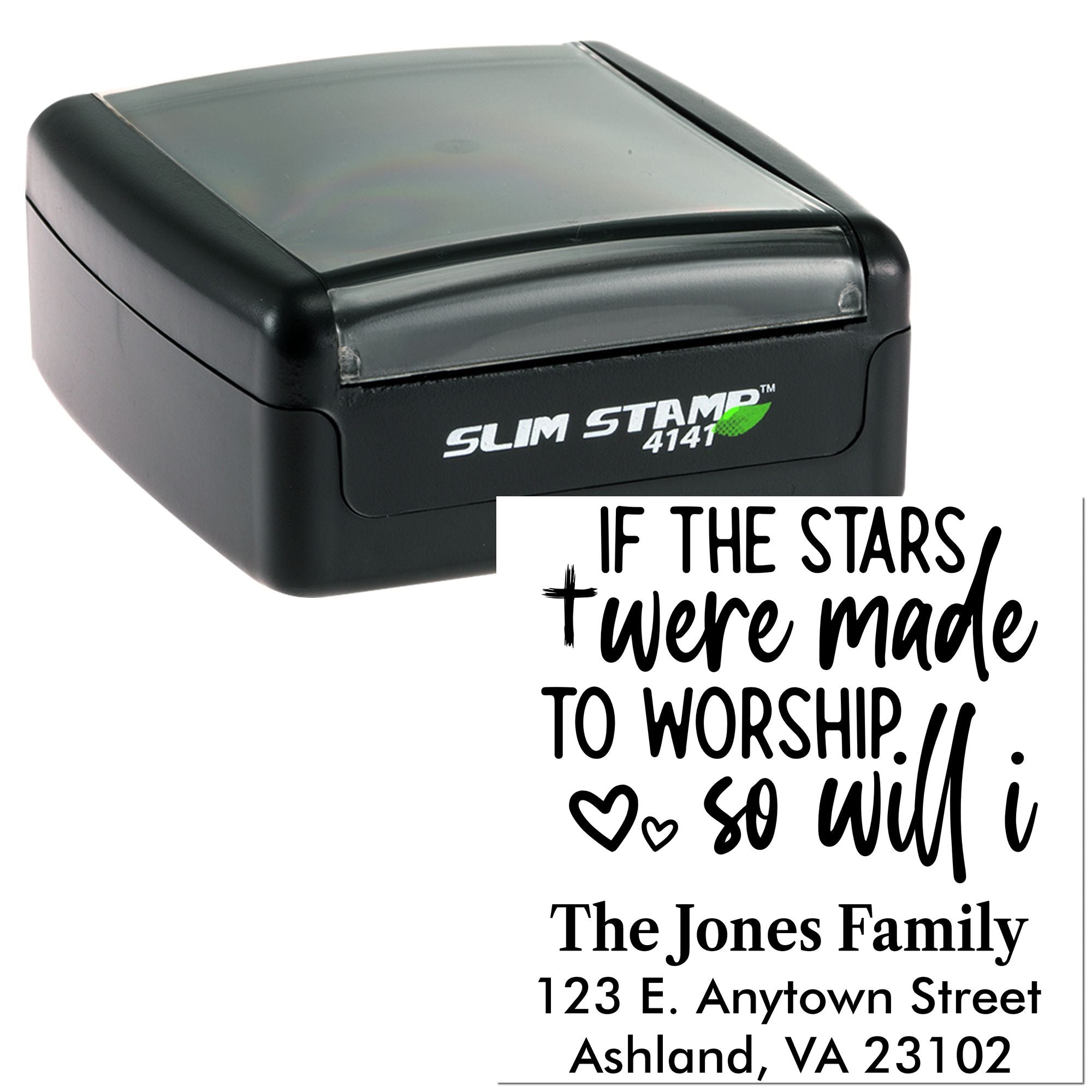 Custom self-inking rubber stamp with inspirational quote and family address design for personalized return mailing.