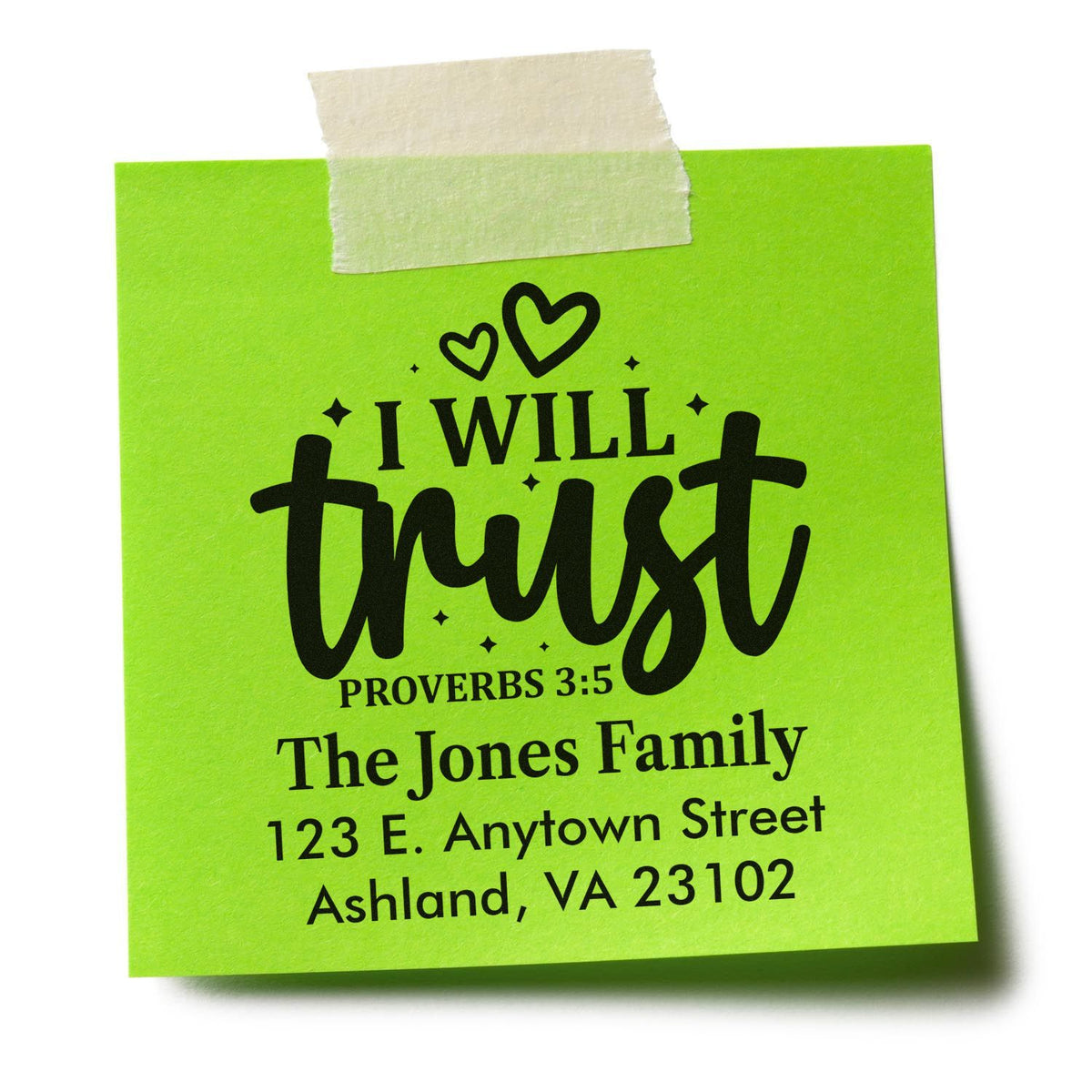 Personalized return address rubber stamp with Proverbs 3:5 I will trust design for The Jones Family.
