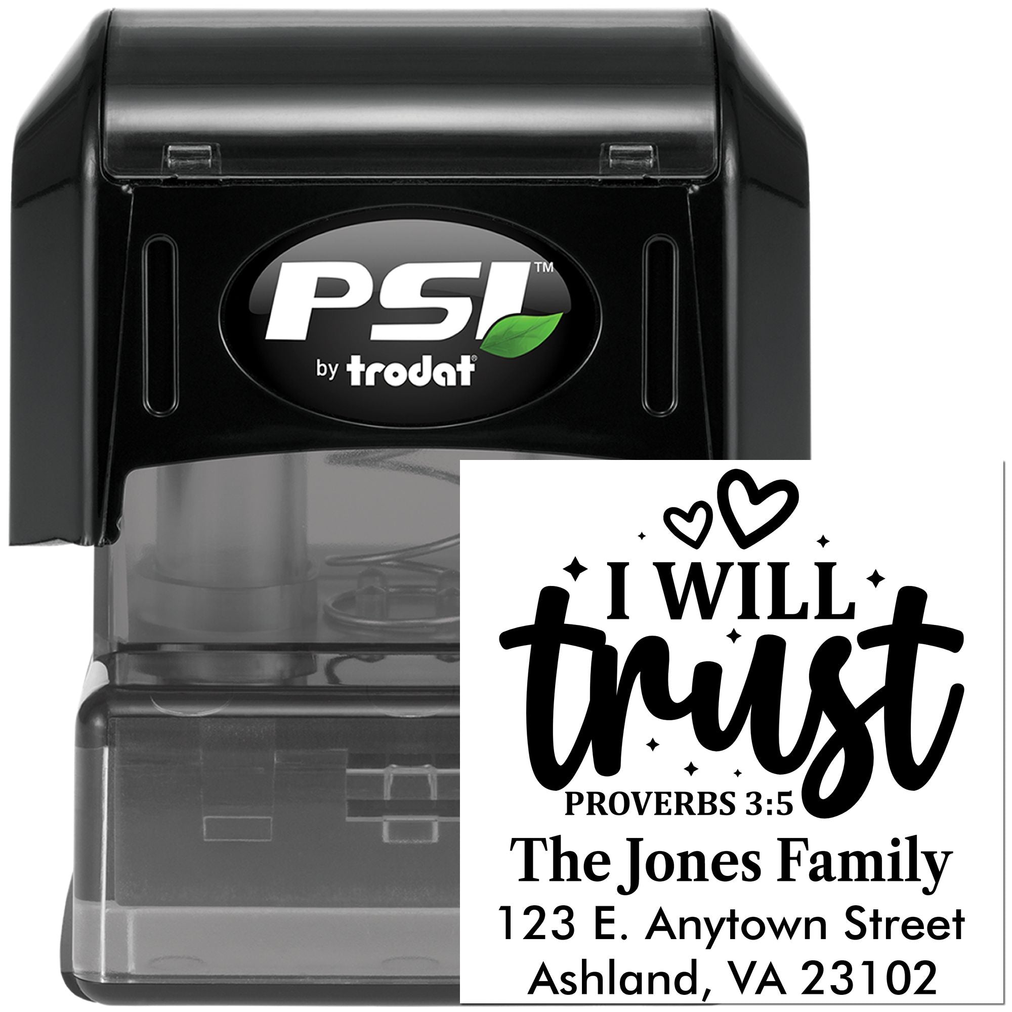 Custom self-inking rubber stamp with I Will Trust Proverbs 3:5 design and return address for personalized family mailing.