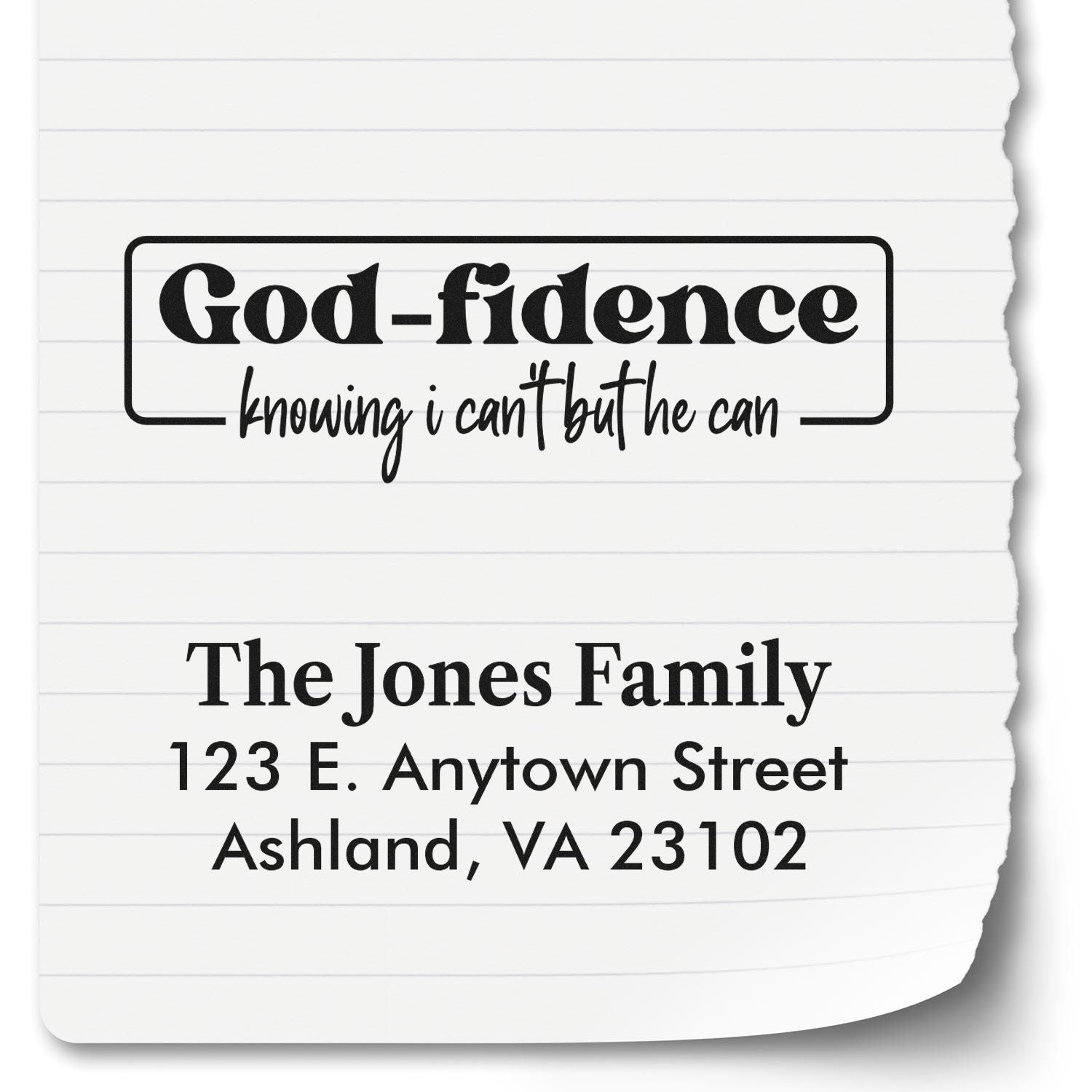Custom rubber stamps with a faith quote and family address design for mailing, labeling, and gift packaging.