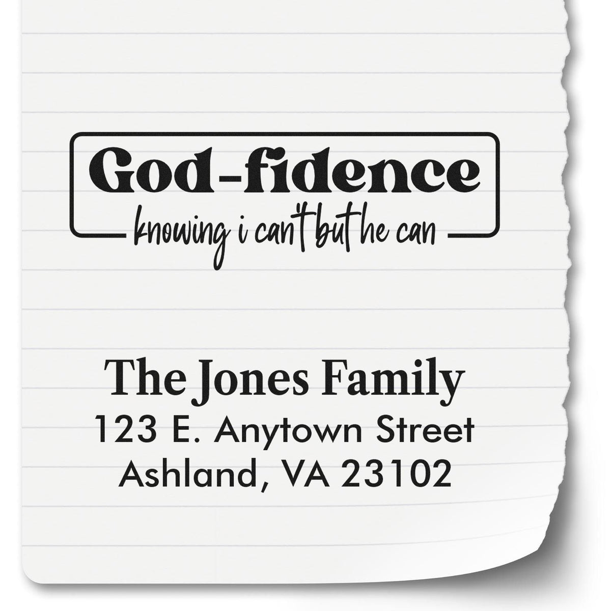 Personalized rubber stamp set with God-fidence quote and custom family address stamp for envelopes, stationery, and gifts.