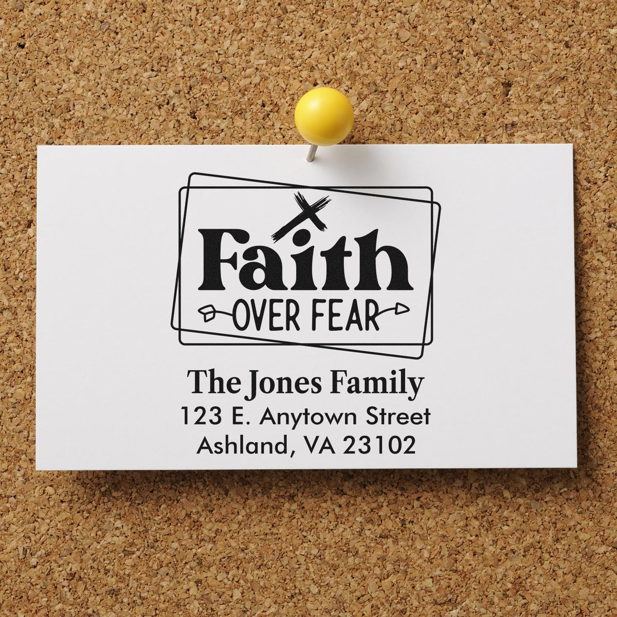 Personalized Faith Over Fear return address rubber stamp with family name and address on a pinned card mockup.