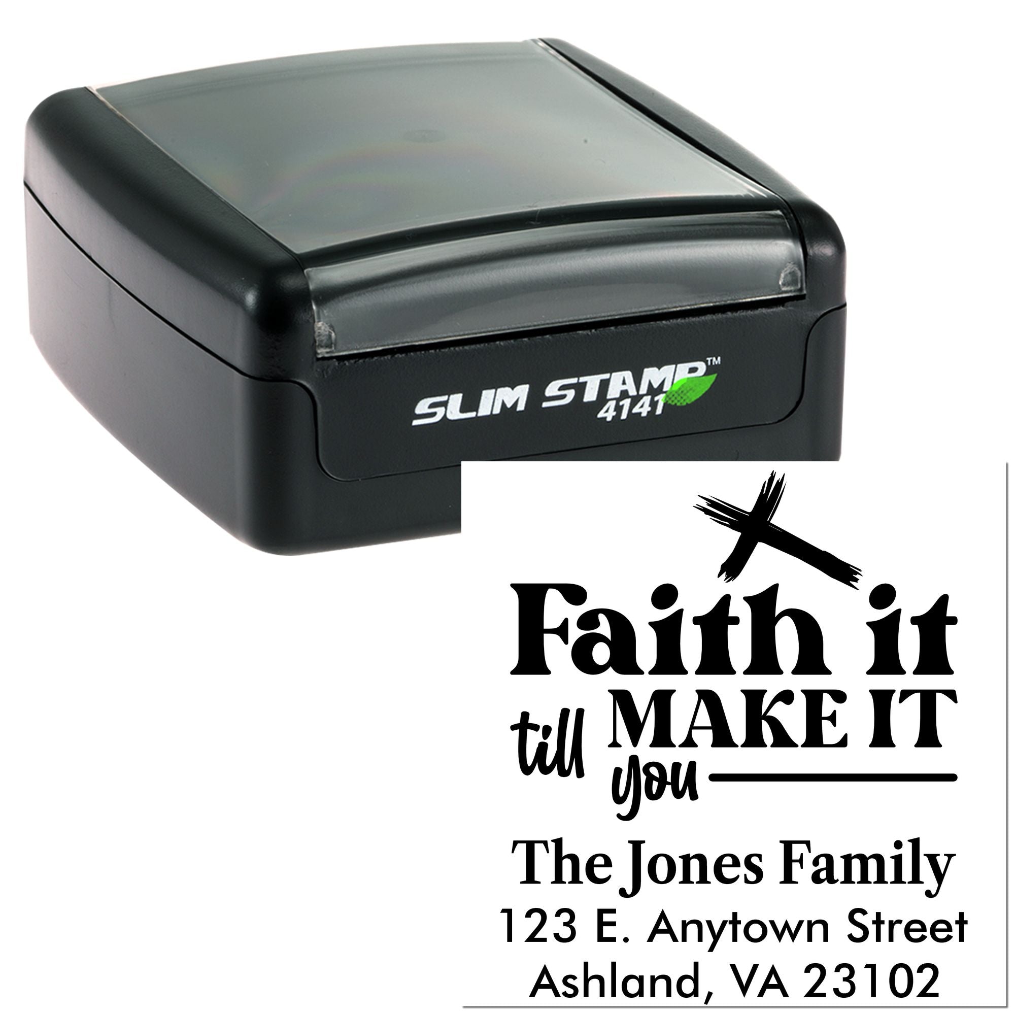 Slim Stamp 4141 self-inking rubber stamp with custom faith-themed return address design for The Jones Family.
