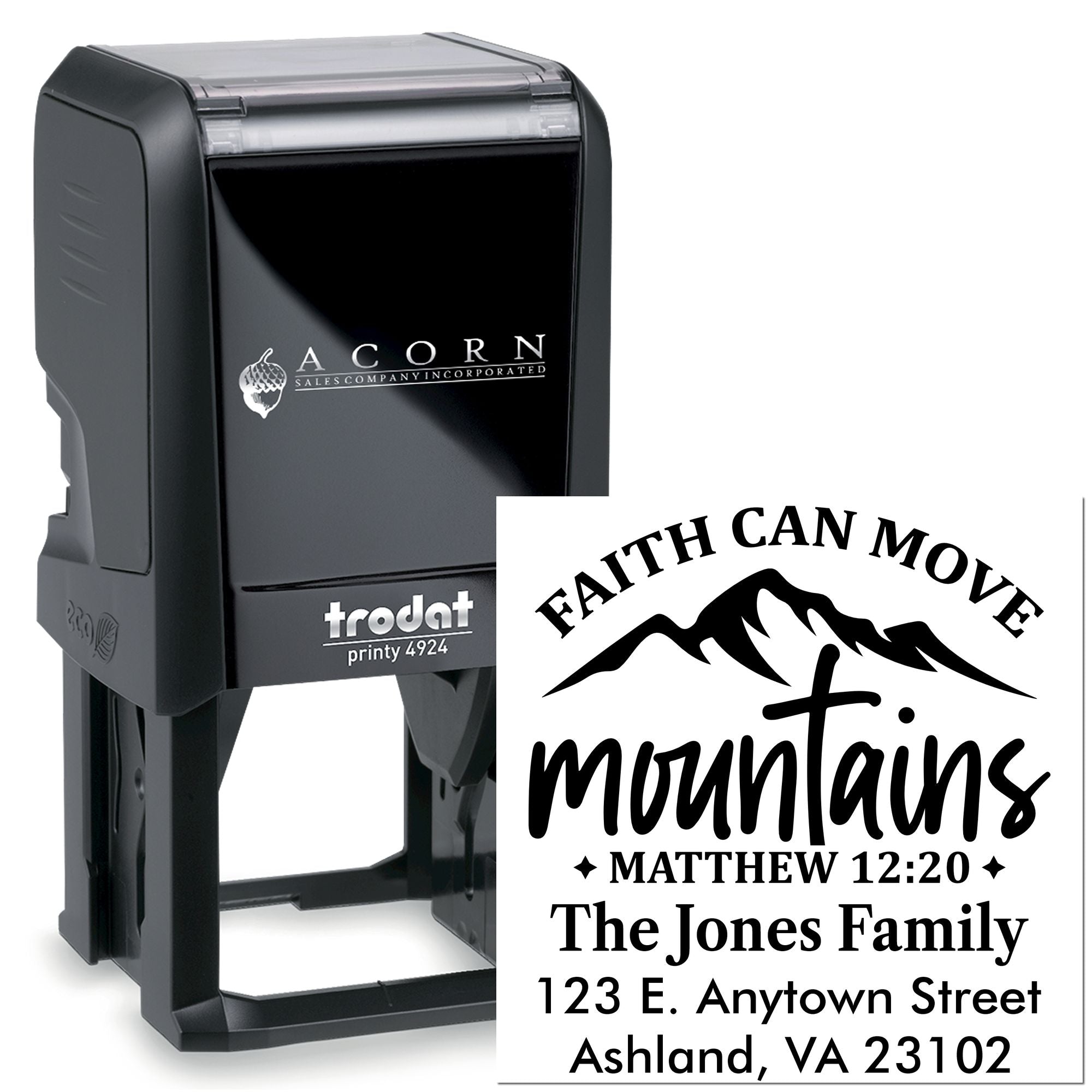 Custom self-inking rubber address stamp with Faith Can Move Mountains Bible verse and return address for the Jones family.