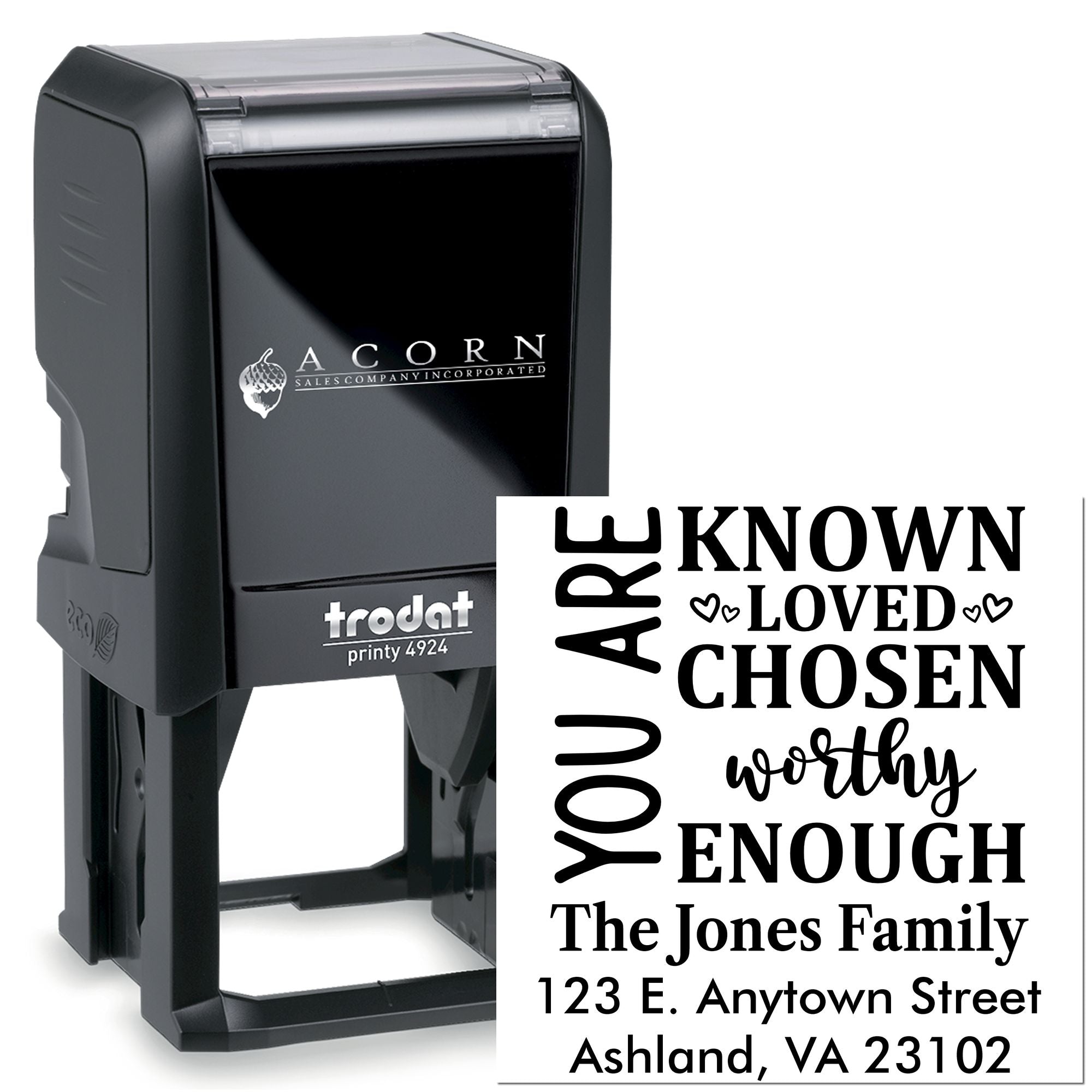 Custom self-inking rubber stamp with personalized return address and You Are Known, Loved, Chosen, Worthy, Enough design