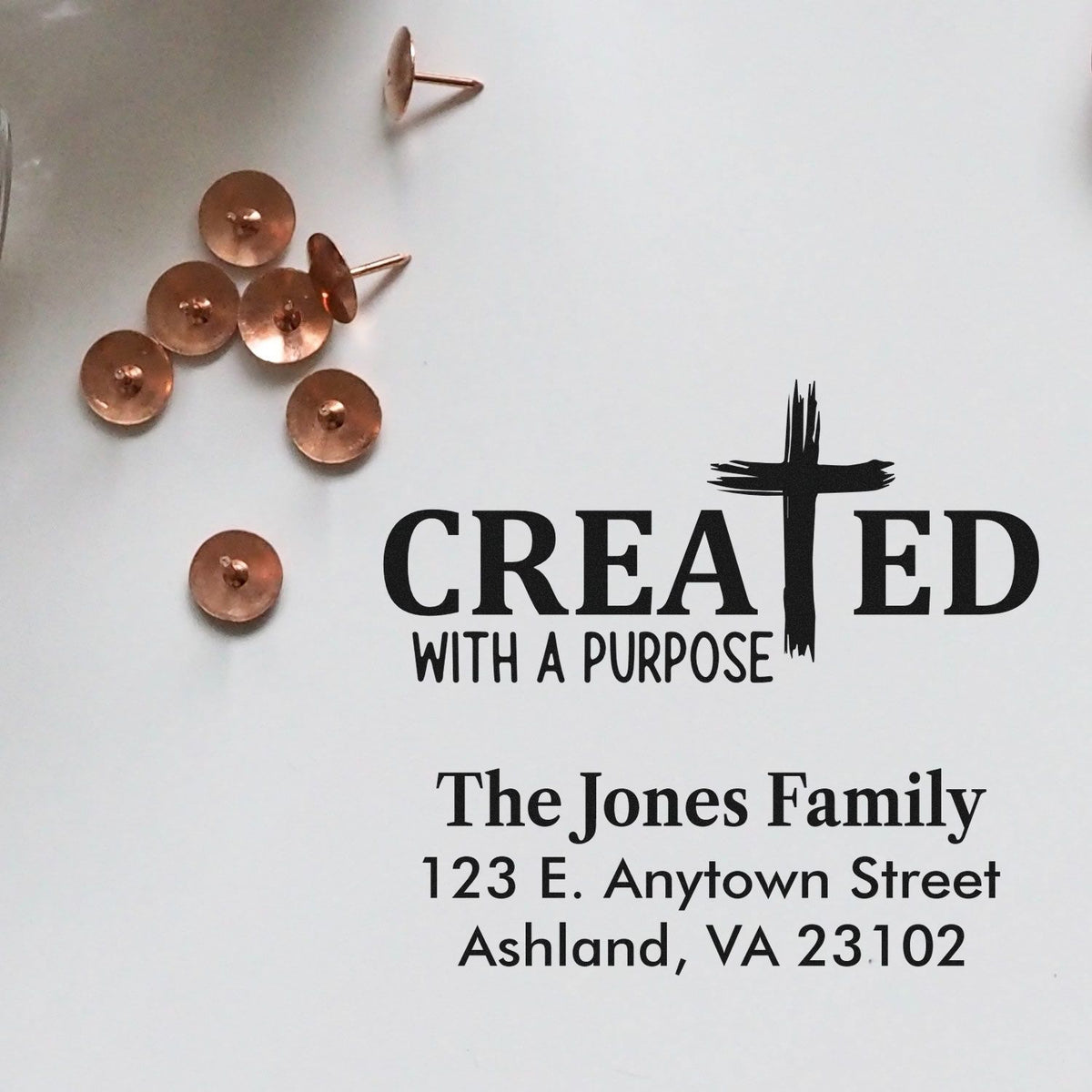 Custom Christian return address rubber stamp for The Jones Family, featuring Created with a Purpose design.