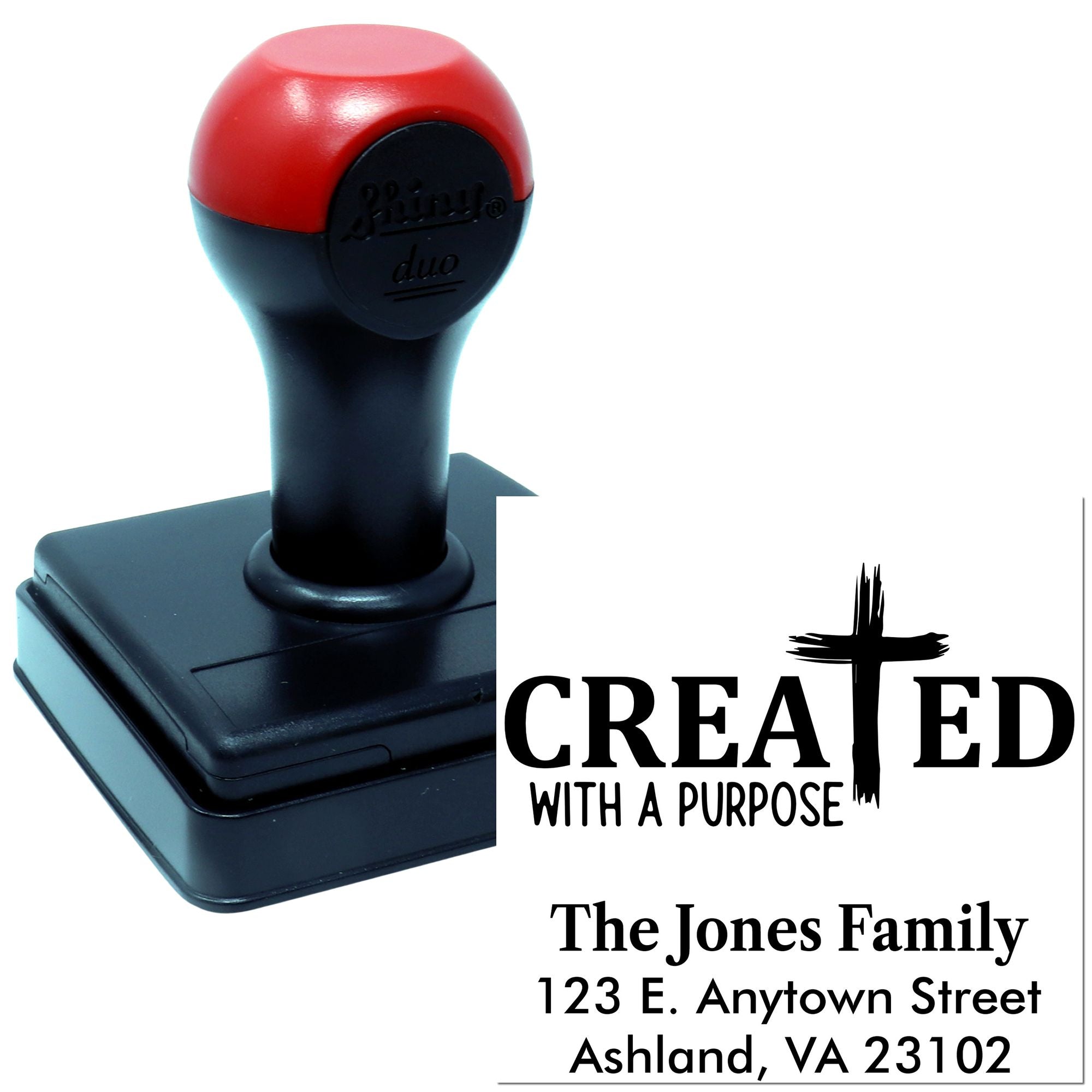Custom self-inking rubber address stamp with Created with a Purpose Christian design and personalized family return address.