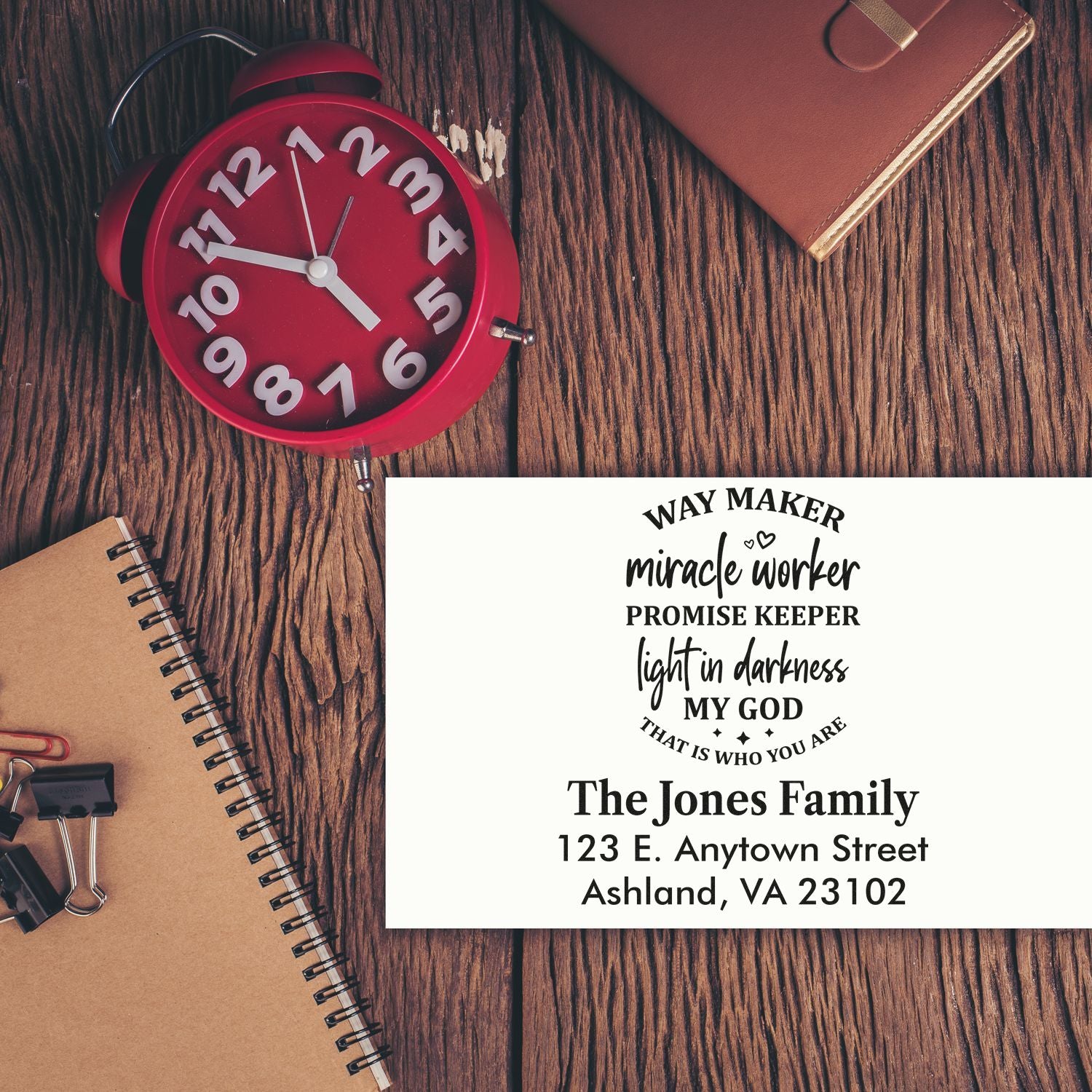 Custom faith-based address rubber stamp for The Jones Family, featuring name and Ashland, VA address.