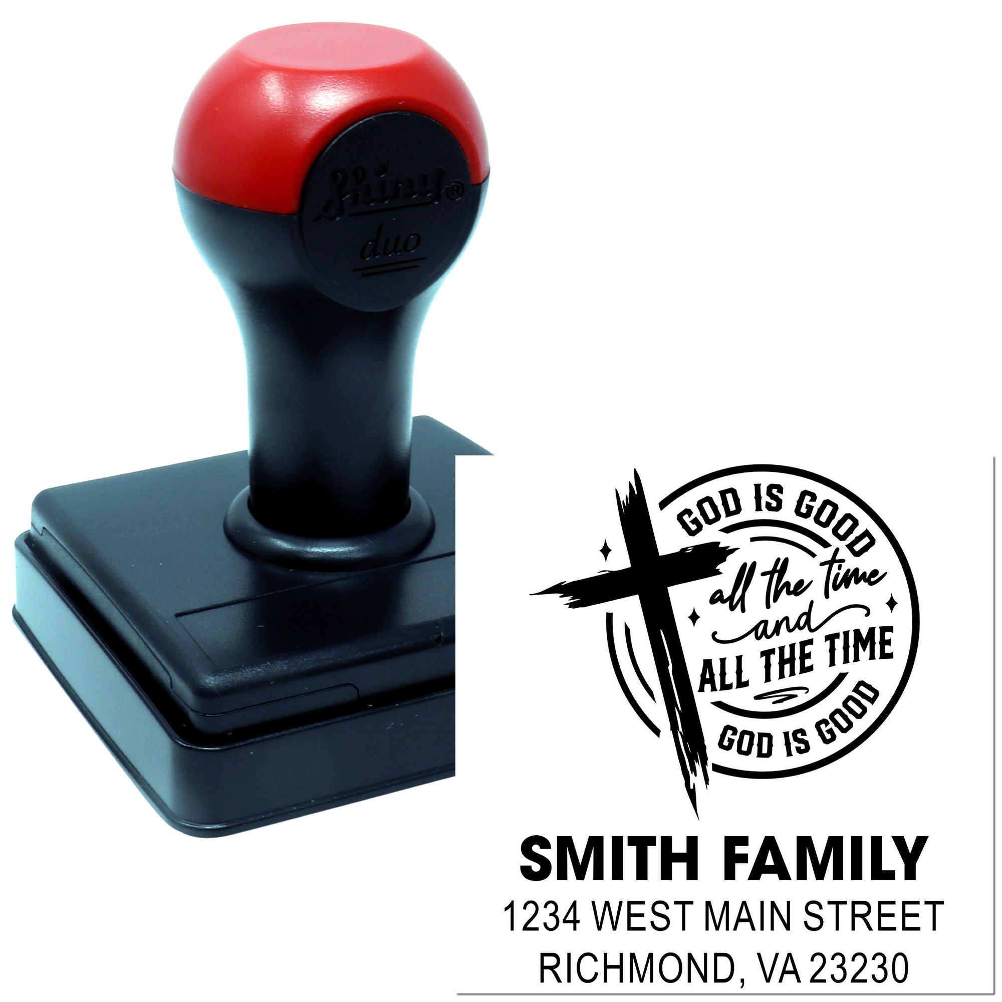 Custom self-inking rubber return address stamp with Christian cross and God is good all the time design for Smith Family.