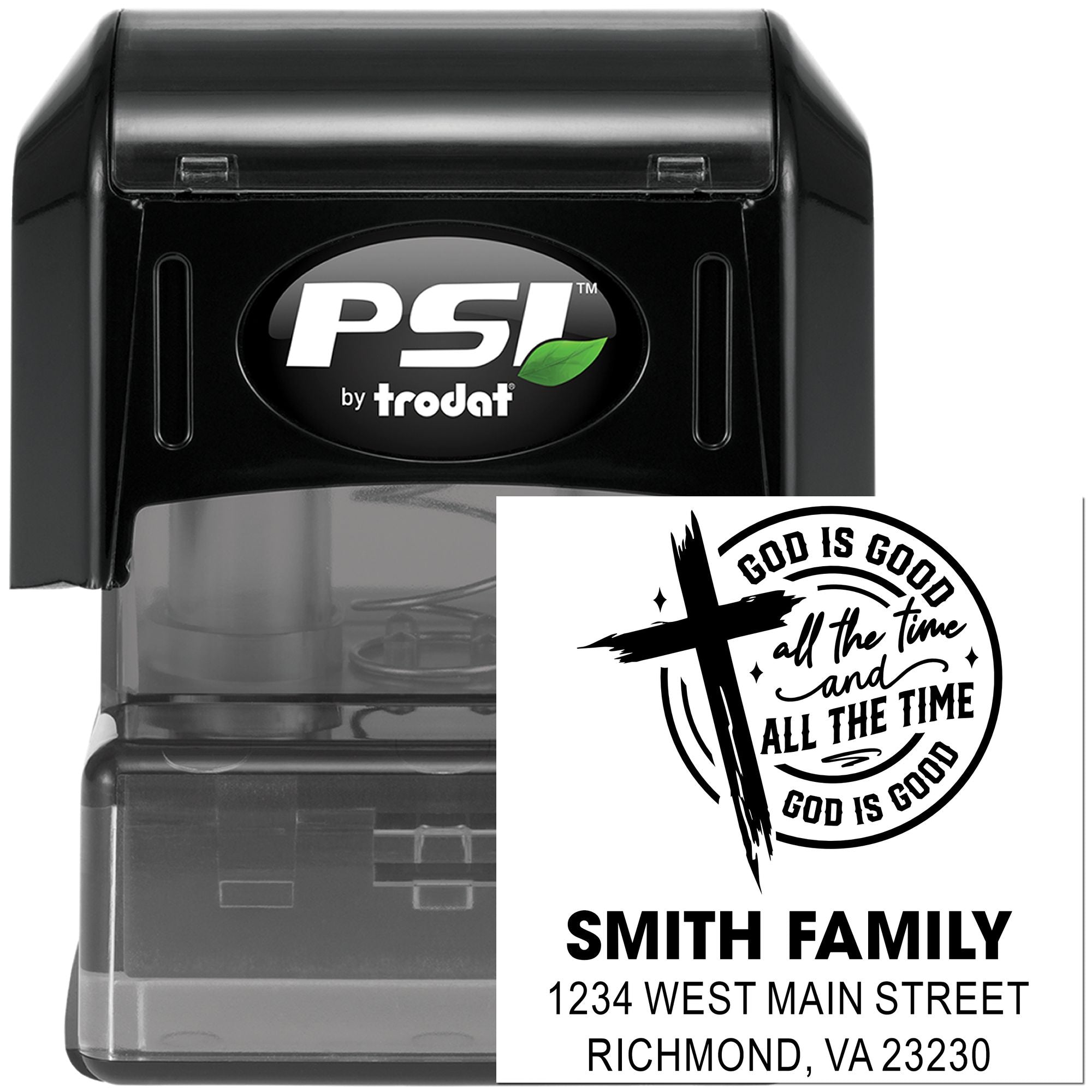 PSI by Trodat custom self-inking rubber address stamp with Christian family design for personalized mailing and church use.