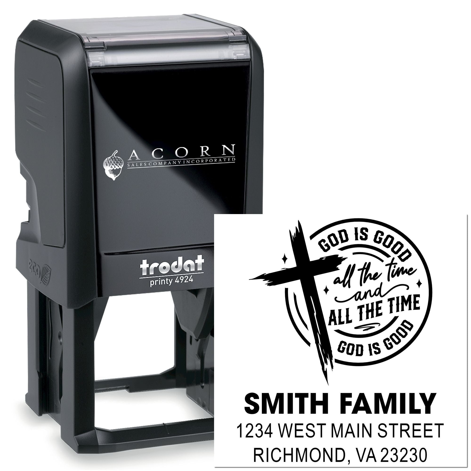 Trodat Printy 4924 custom self-inking rubber stamp for Christian return address and family mailing use.