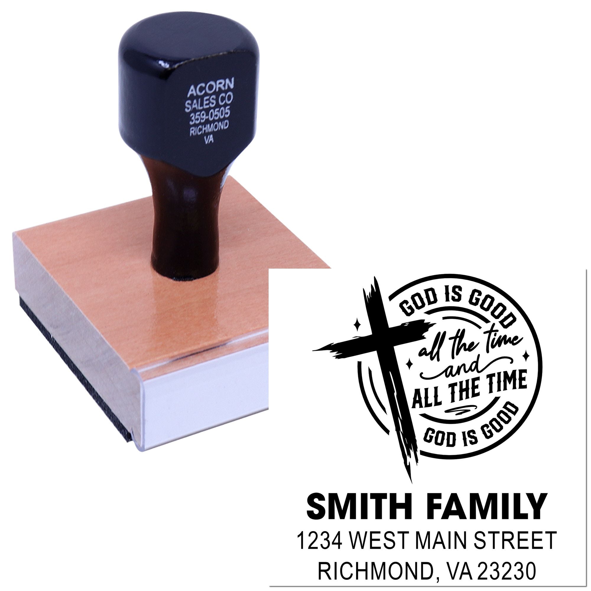 Personalized rubber address stamp with Christian family logo, name, and Richmond VA address for envelopes and stationery.