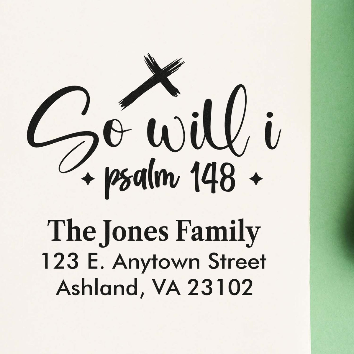 Custom religious return address rubber stamp for The Jones Family, featuring Psalm 148 and home address.