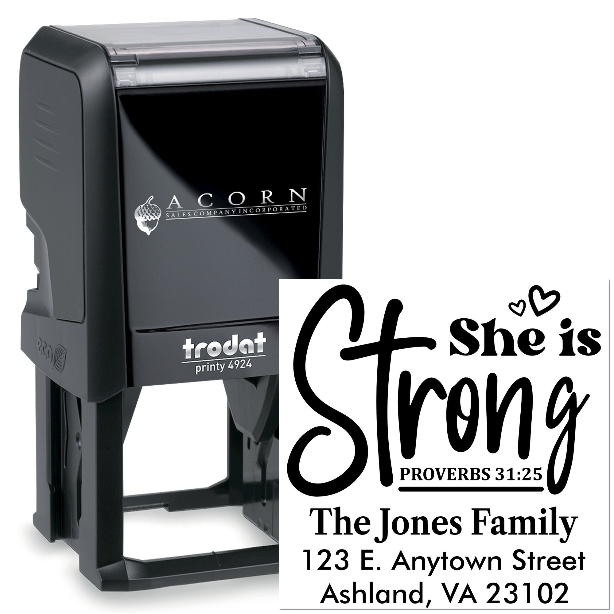 Custom self-inking rubber stamp with Christian return address design, featuring She is Strong Proverbs 31:25 for The Jones Family.