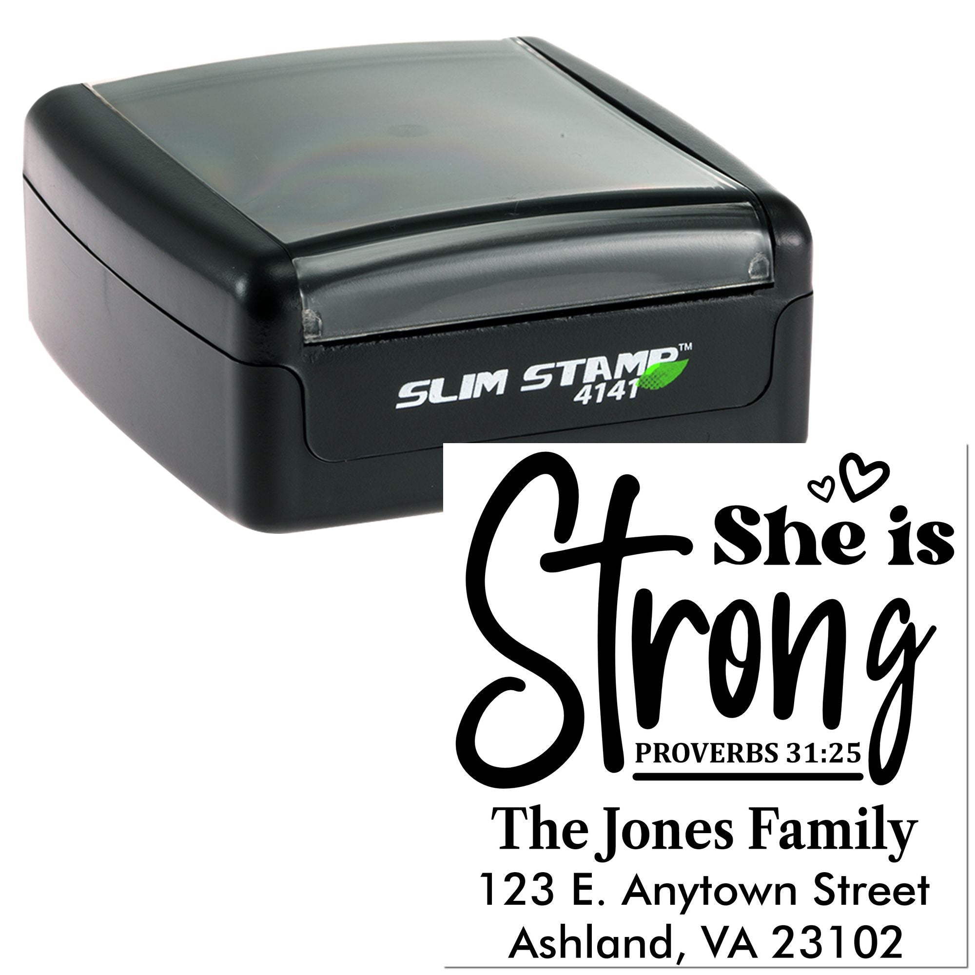 Custom Slim Stamp 4141 self-inking rubber stamp for Christian address labels, featuring She is Strong Proverbs 31:25.