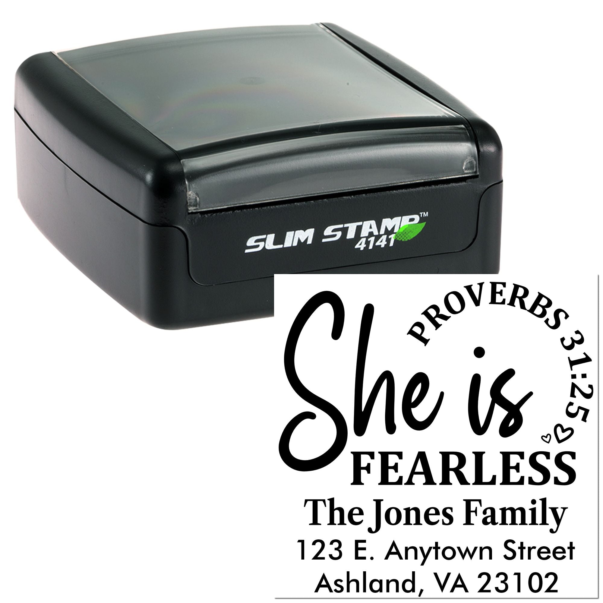 Self-inking rubber stamp with She Is Fearless custom address design for personalized family mailings.