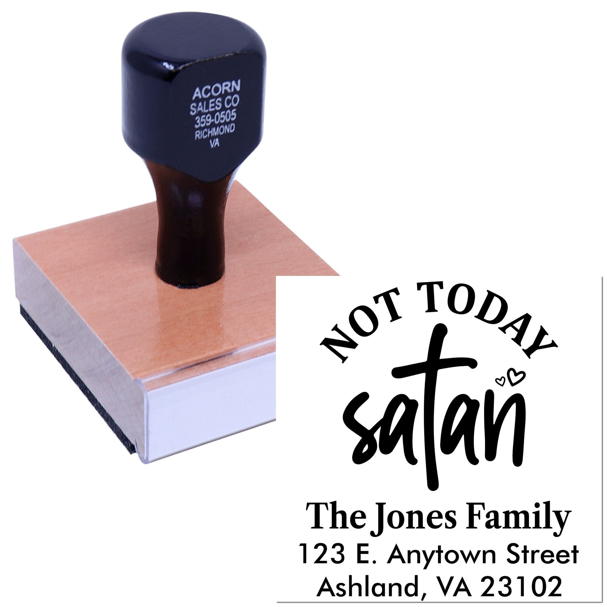 Custom rubber stamp with Not Today Satan design and The Jones Family address for personalized mailings.