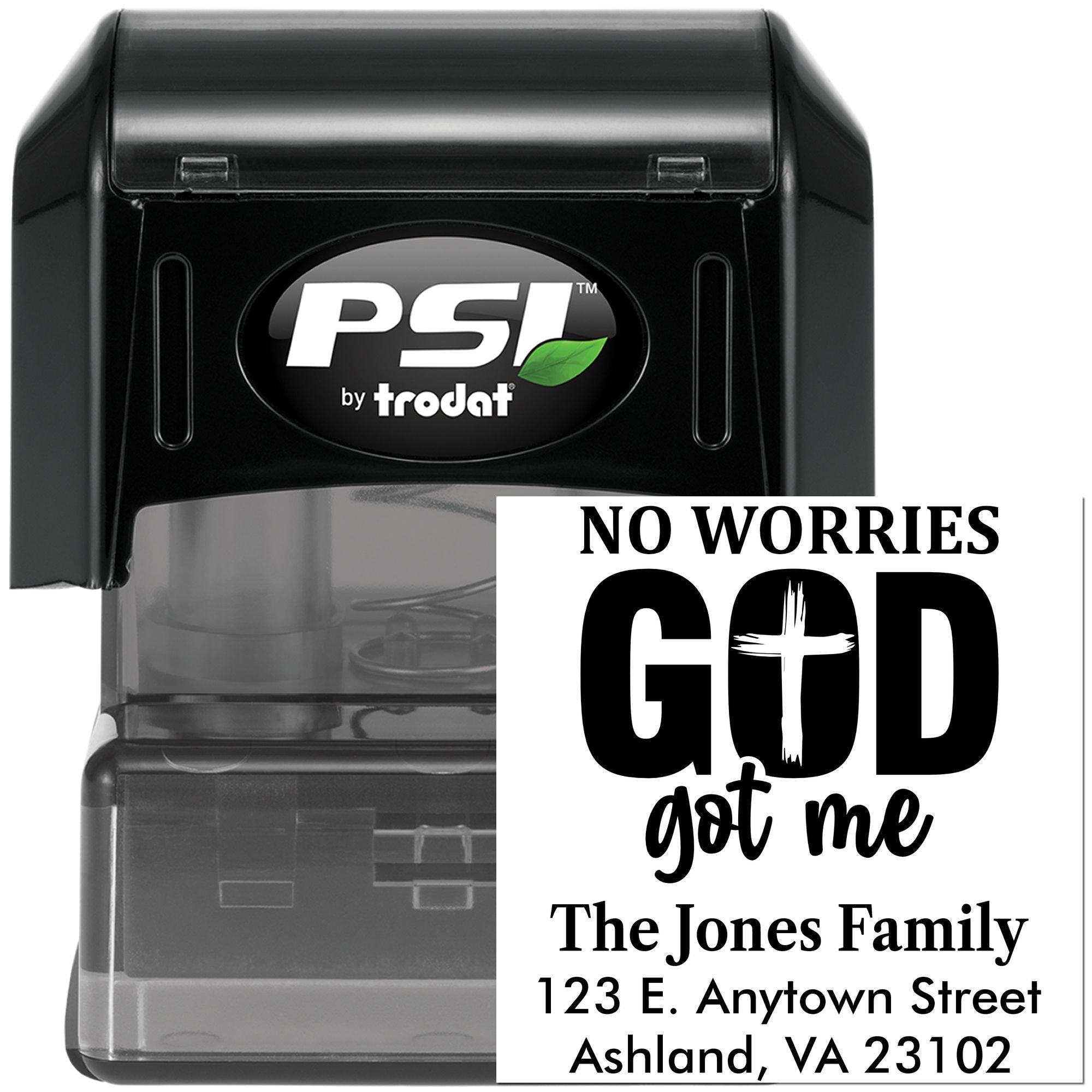 Custom self-inking rubber return address stamp with faith message for The Jones Family, PSI by Trodat.