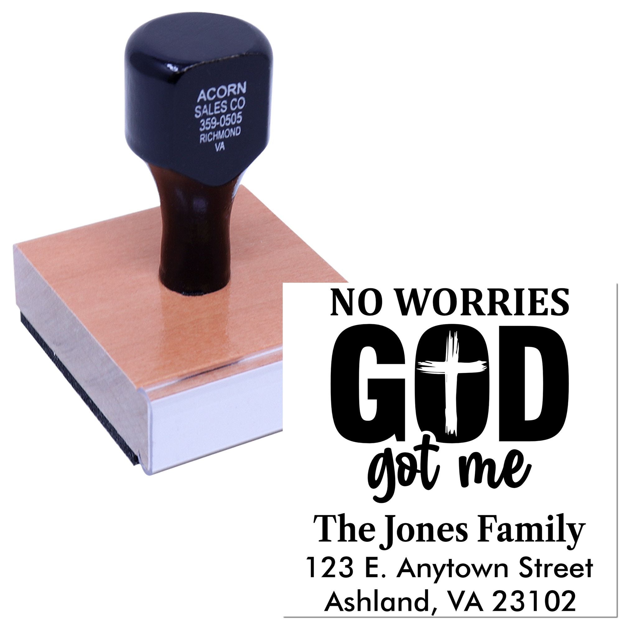 Custom rubber stamp for personalized return address, featuring No Worries God Got Me Christian family address design.