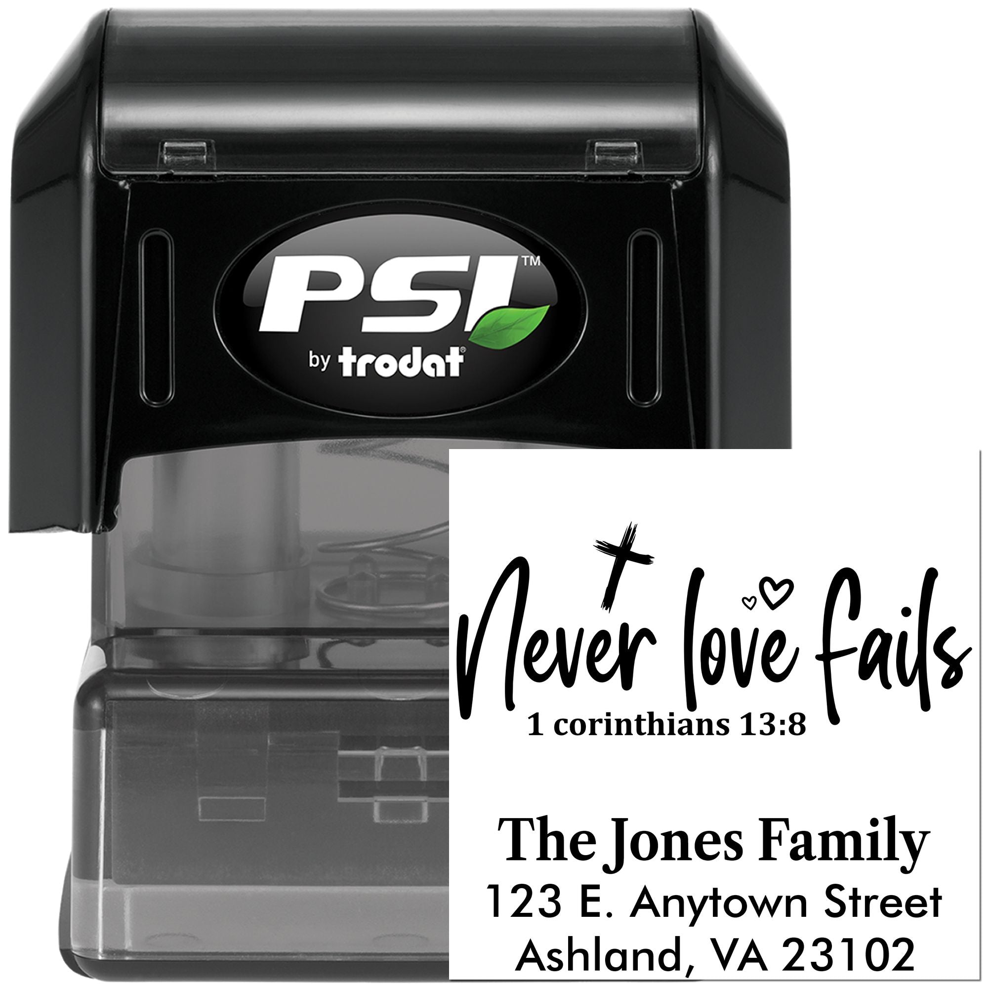 Custom self-inking rubber stamp by PSI Trodat with Bible verse Never love fails and The Jones Family address design.