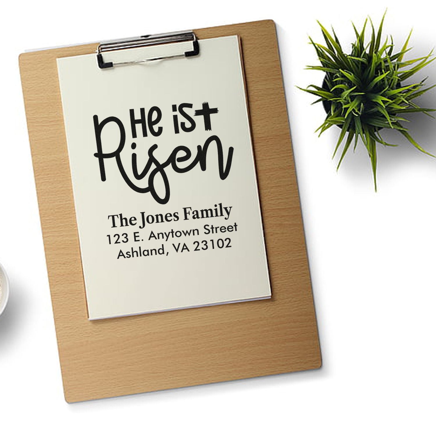 Personalized He Is Risen rubber stamp with family return address for Easter cards and Christian invitations.