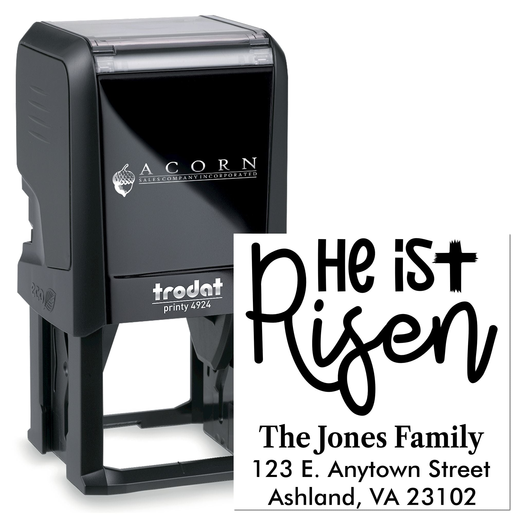 Custom self-inking rubber stamp mockup showing a Trodat Printy with He Is Risen and The Jones Family return address design.