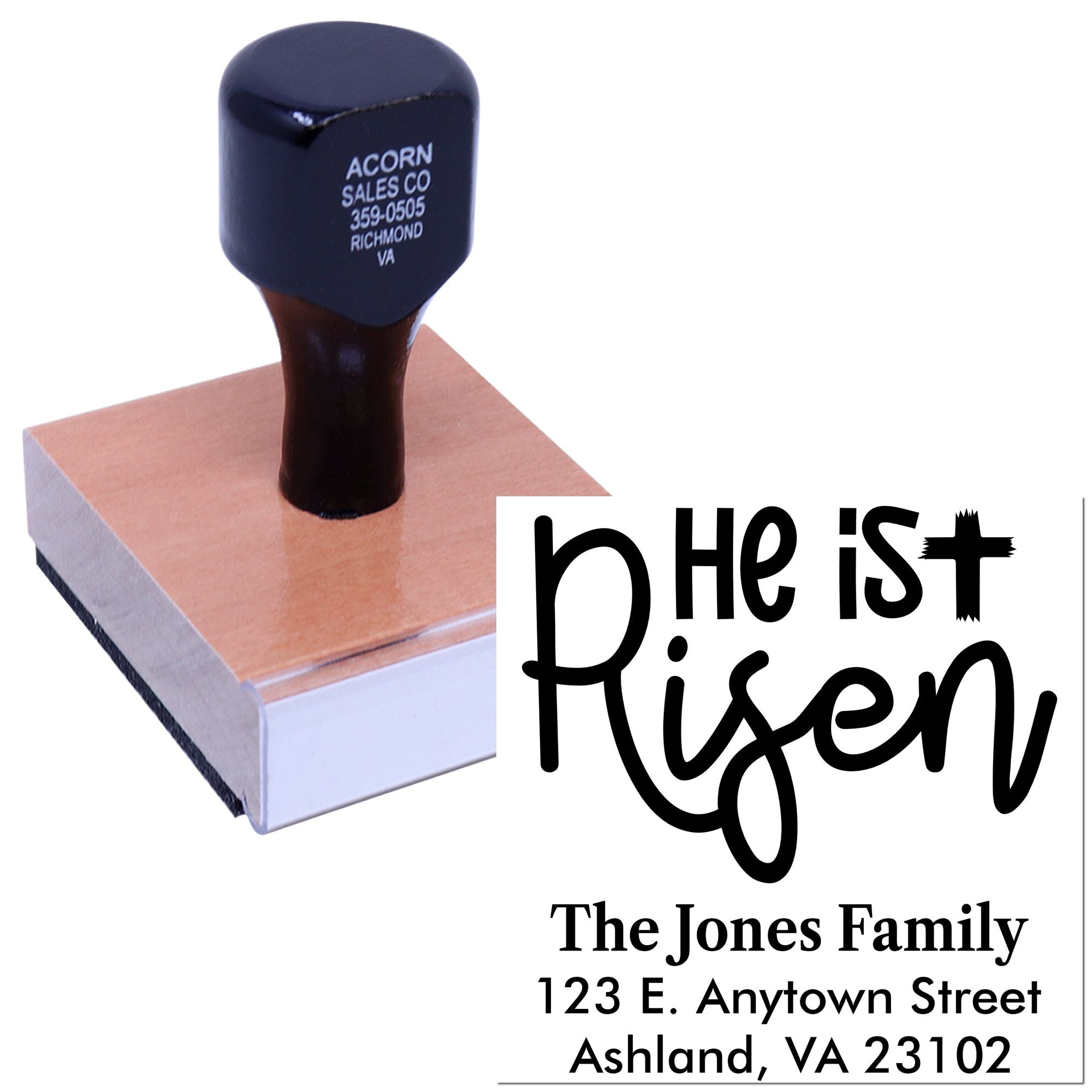 Custom rubber stamp with Be It Risen and personalized family return address for Easter cards and envelopes.