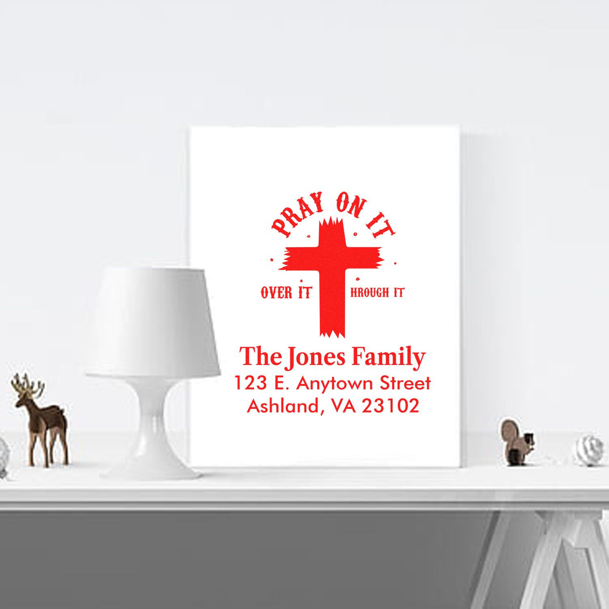 Custom religious rubber stamp design with red cross and Pray on it, over it, through it family name and address.