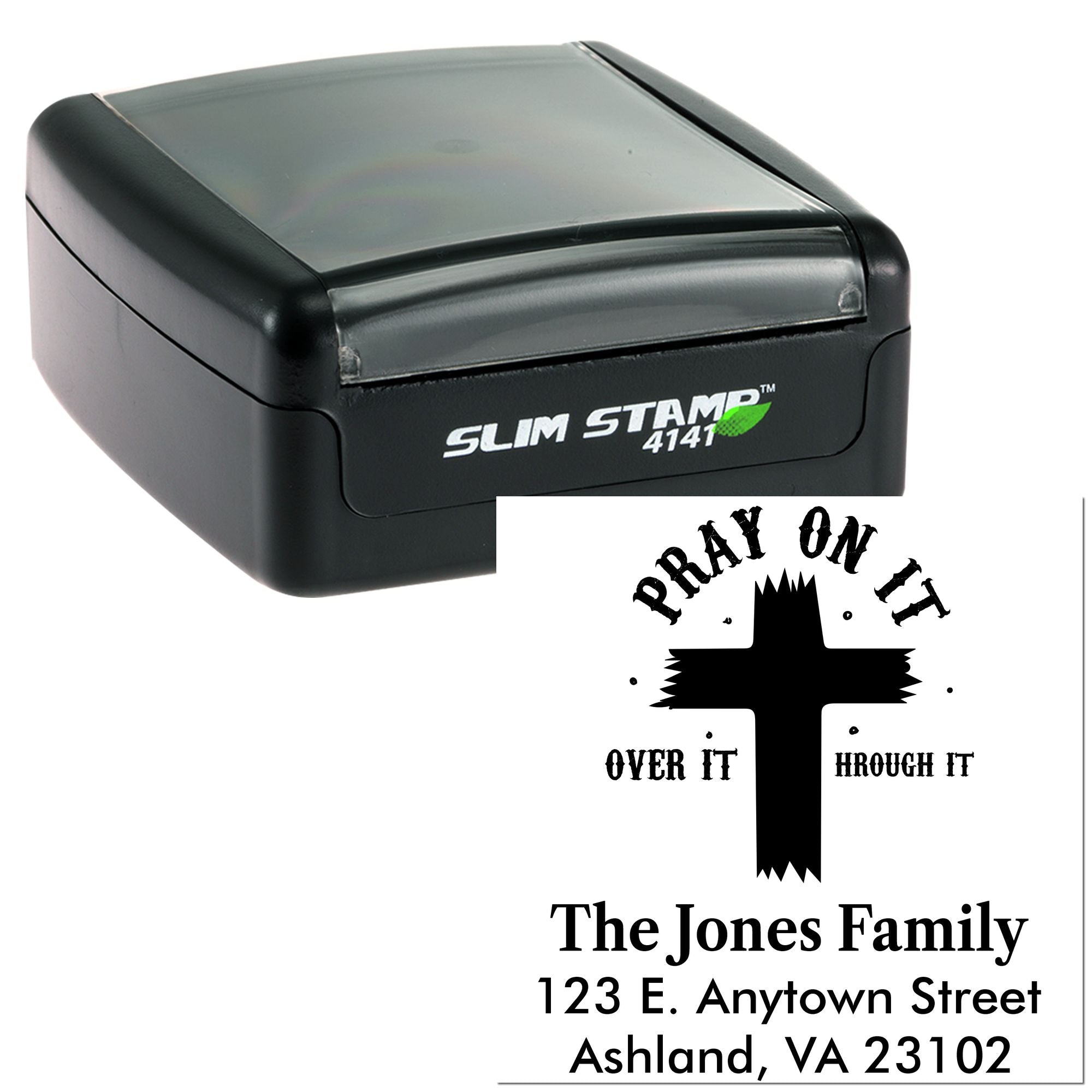 Custom self-inking address rubber stamp with prayer cross design for The Jones Family mailing imprint.
